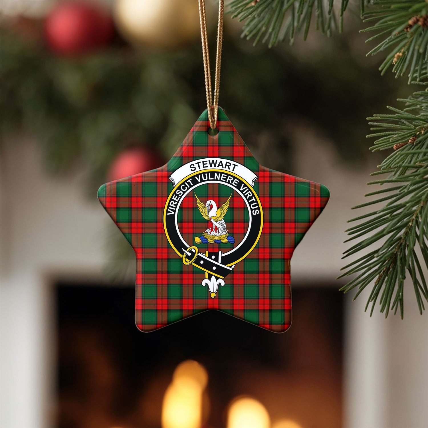 Stewart Atholl Modern Tartan Crest Christmas Ceramic Ornament