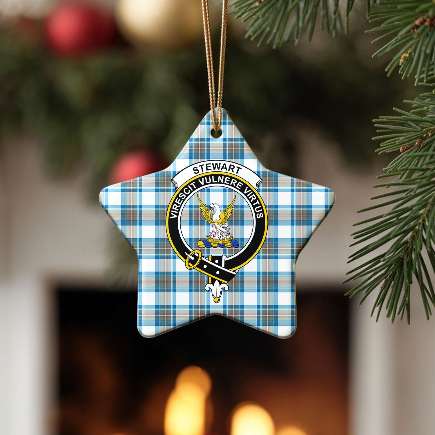 Stewart Muted Blue Tartan Crest Christmas Ceramic Ornament