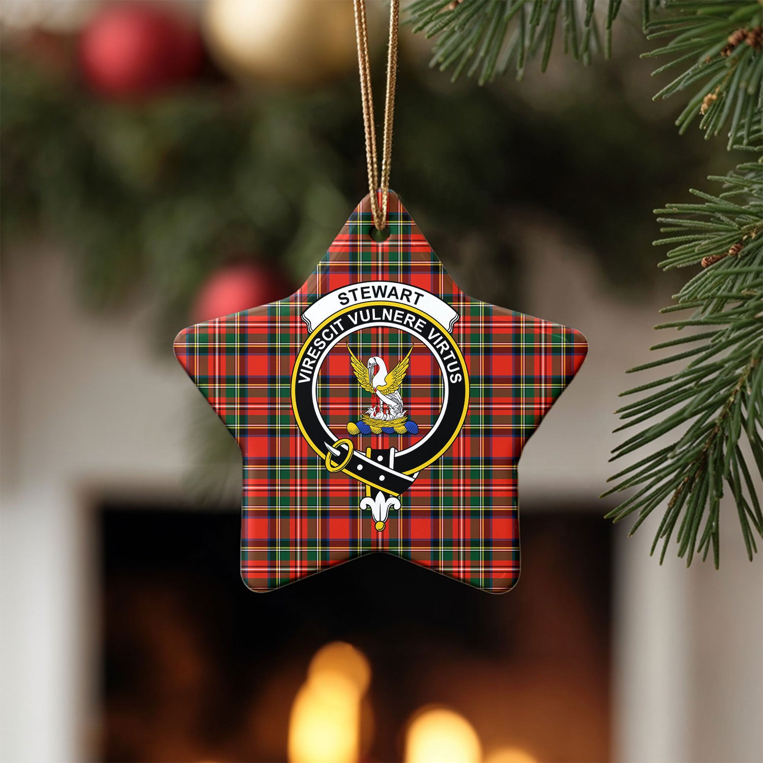 Stewart Royal Modern Tartan Crest Christmas Ceramic Ornament