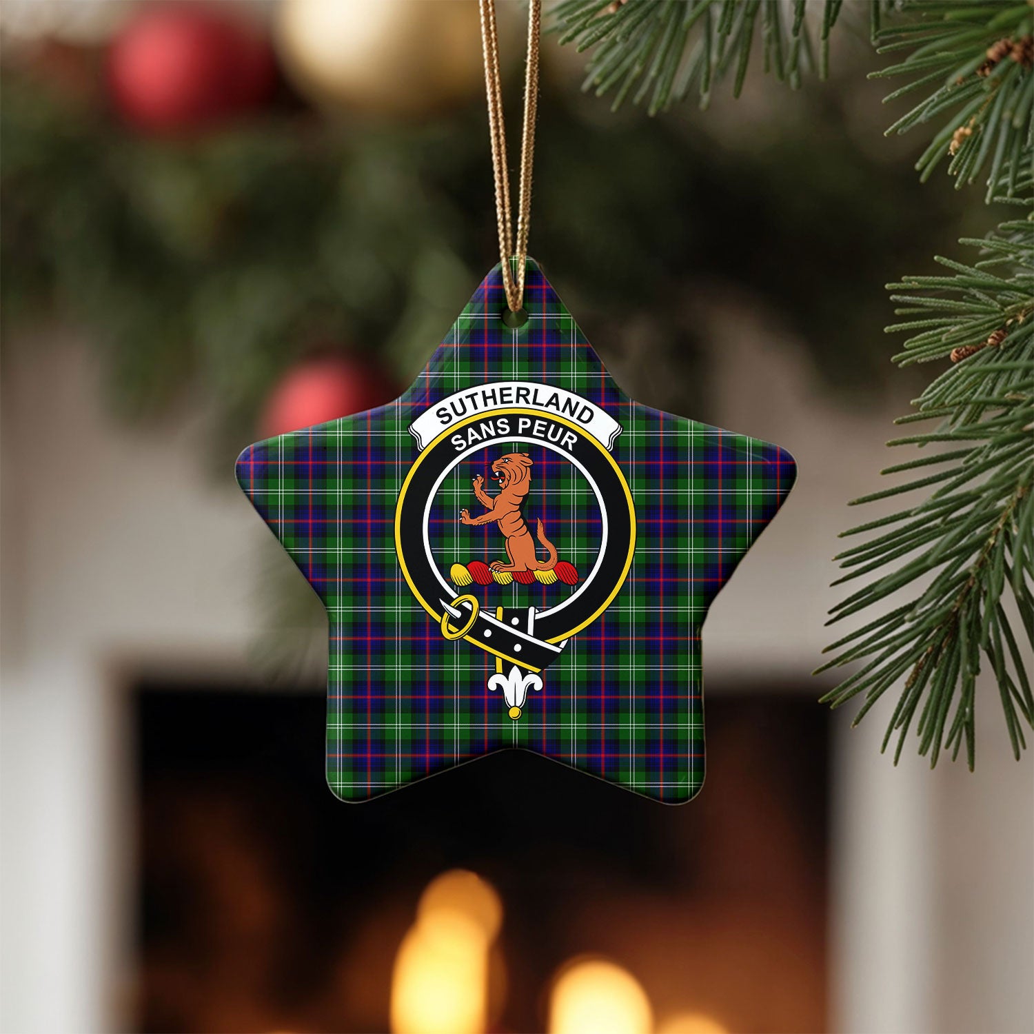 Sutherland Modern Tartan Crest Christmas Ceramic Ornament