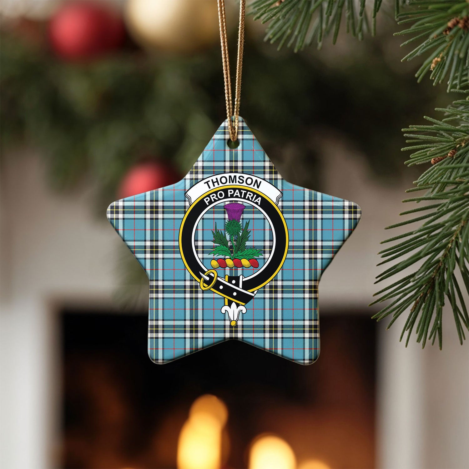 Thomson Blue Tartan Crest Christmas Ceramic Ornament