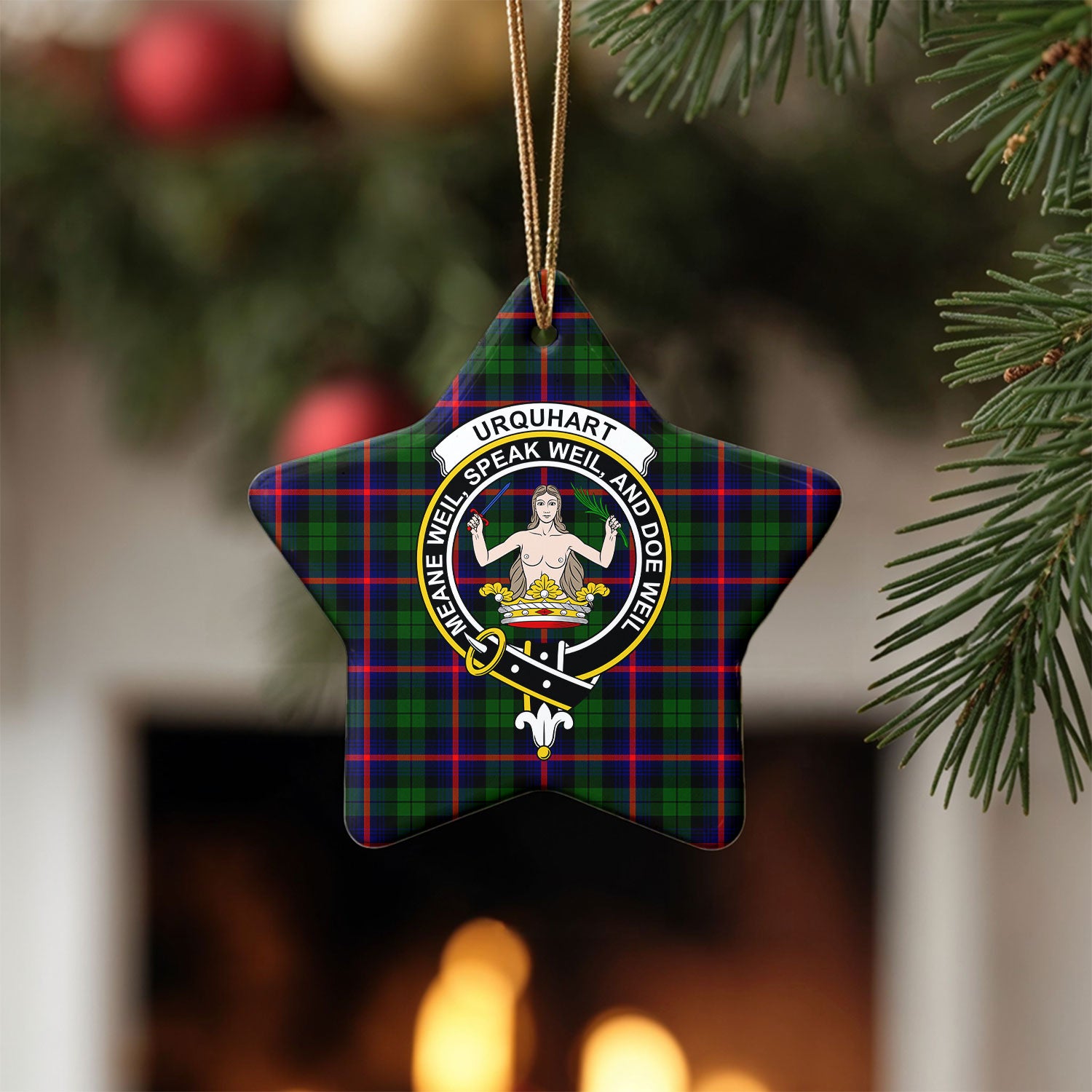 Urquhart Modern Tartan Crest Christmas Ceramic Ornament