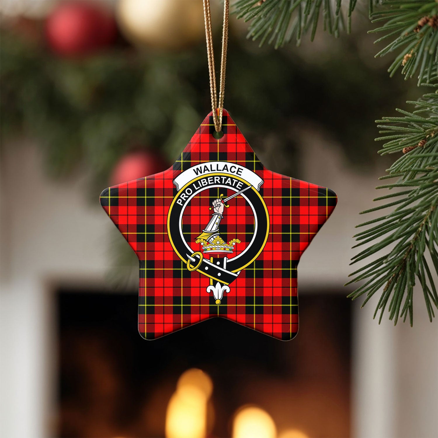 Wallace Hunting Red Tartan Crest Christmas Ceramic Ornament