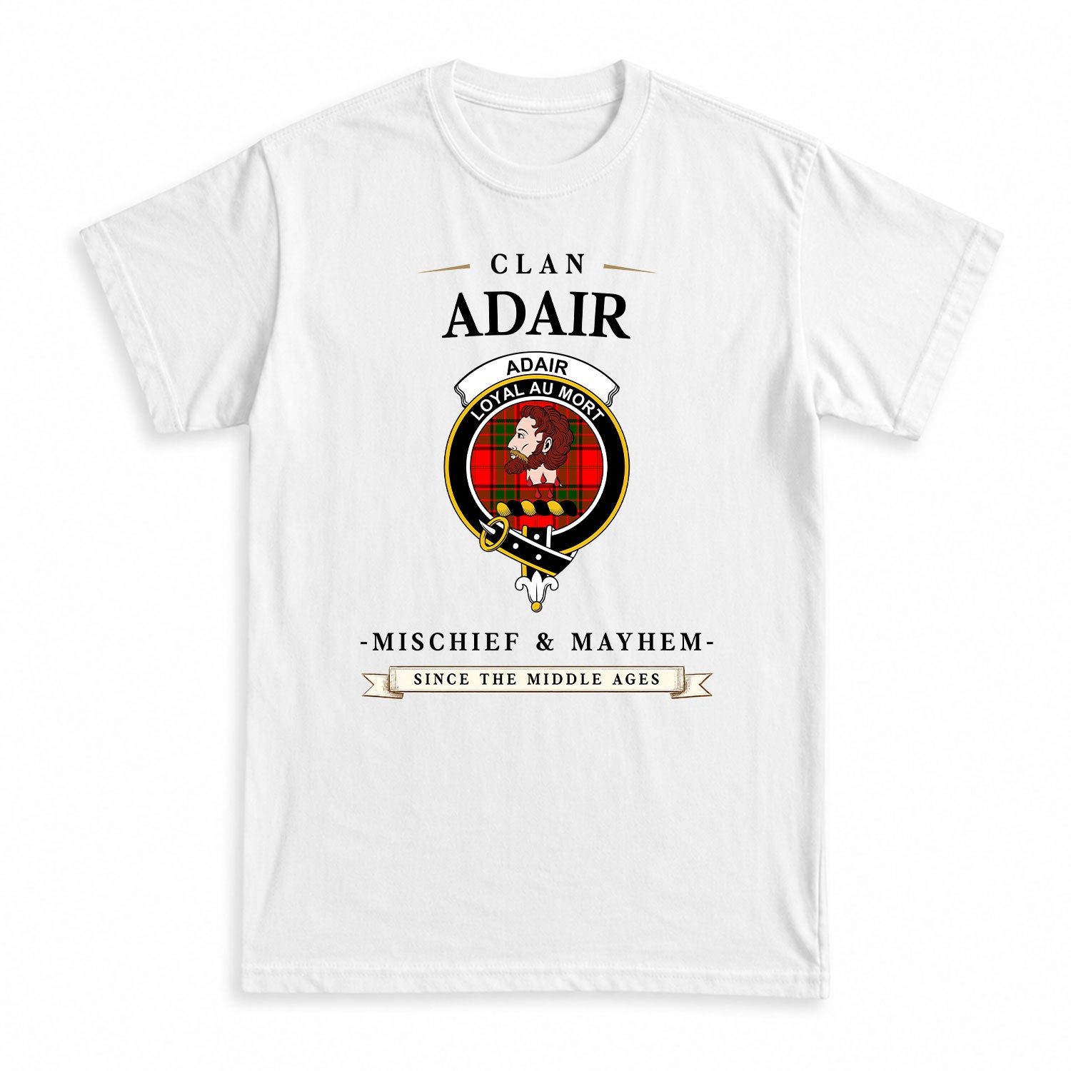 Adair Modern Tartan Crest Mischief and Mayhem T-shirt