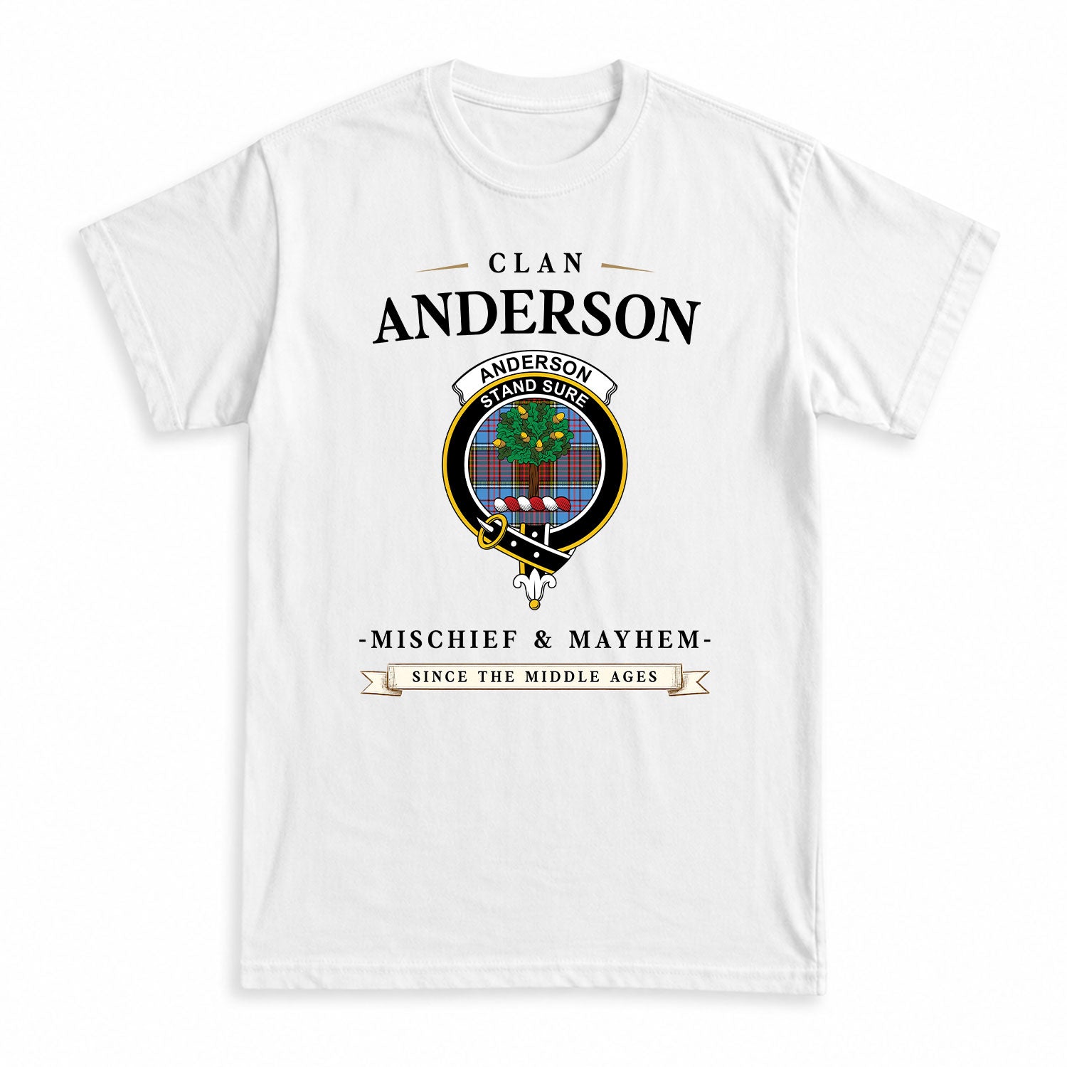 Anderson Modern Tartan Crest Mischief and Mayhem T-shirt