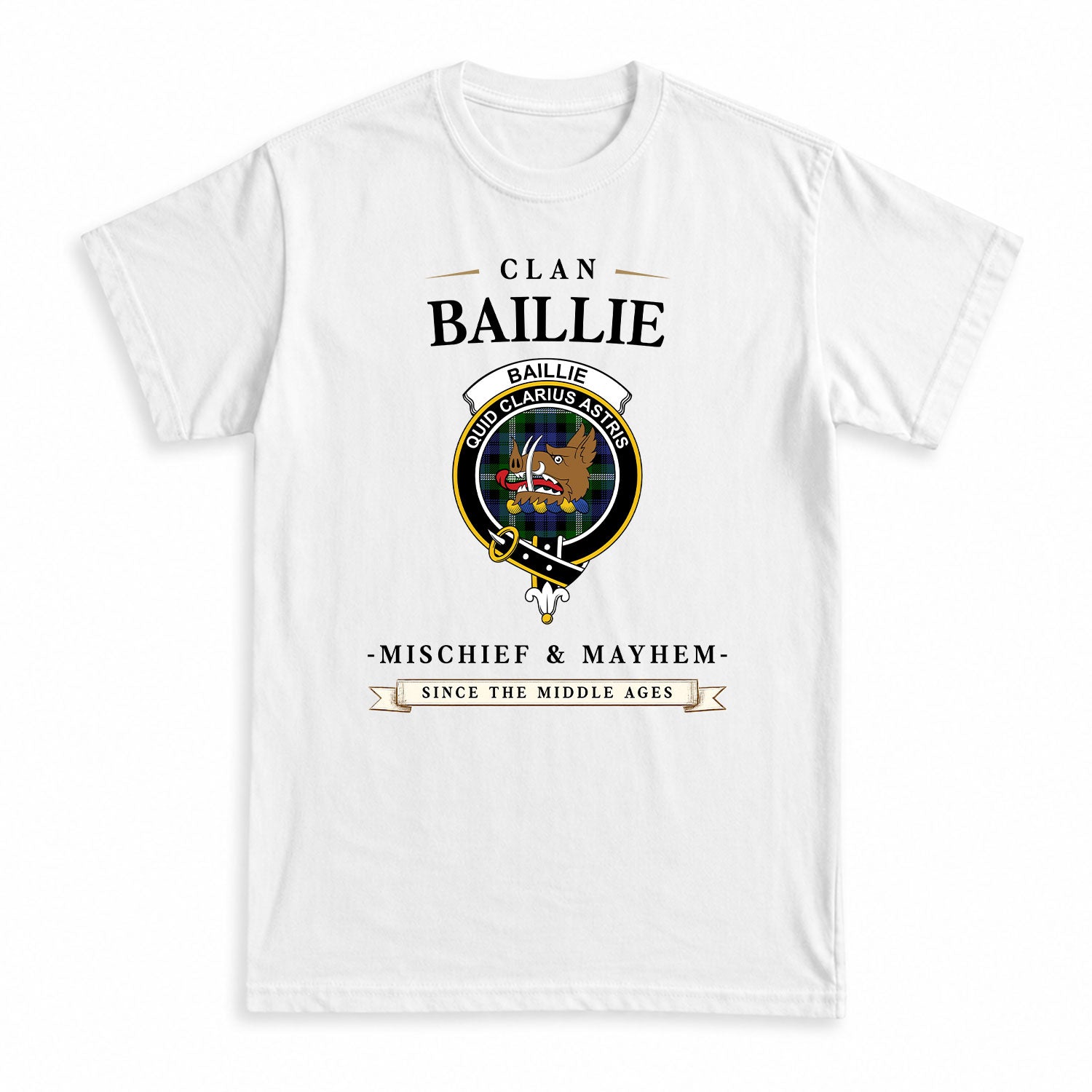 Baillie Modern Tartan Crest Mischief and Mayhem T-shirt