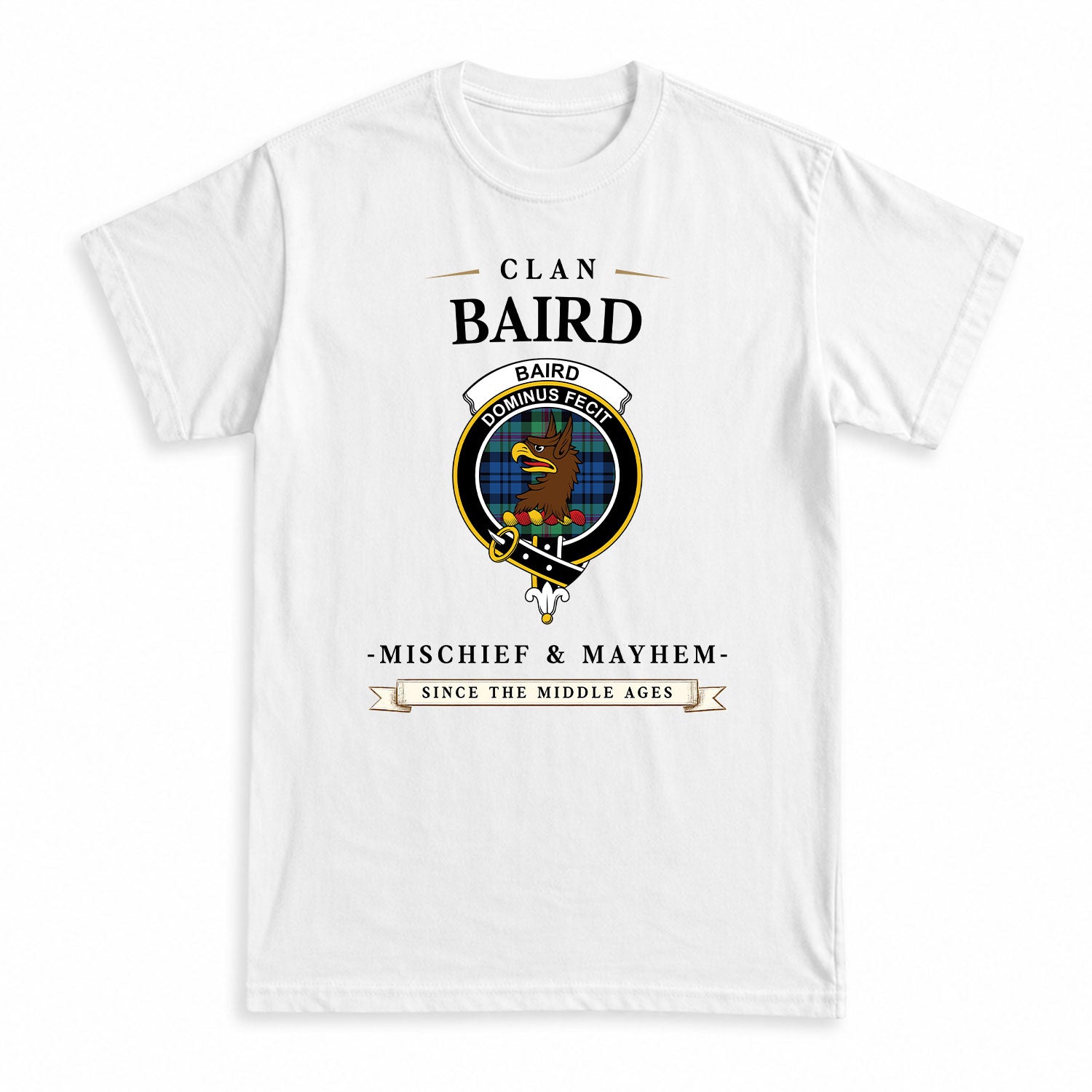 Baird Ancient Tartan Crest Mischief and Mayhem T-shirt
