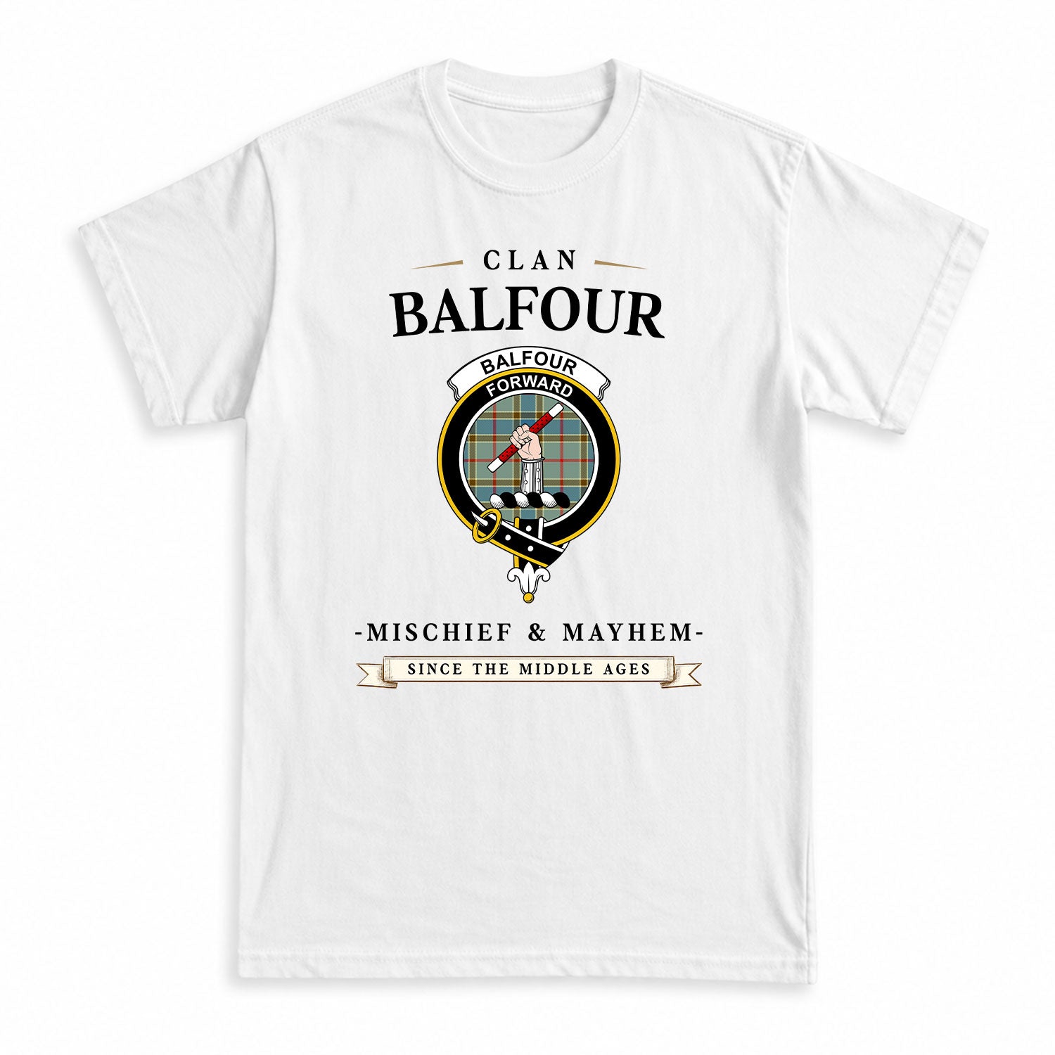 Balfour Blue Tartan Crest Mischief and Mayhem T-shirt