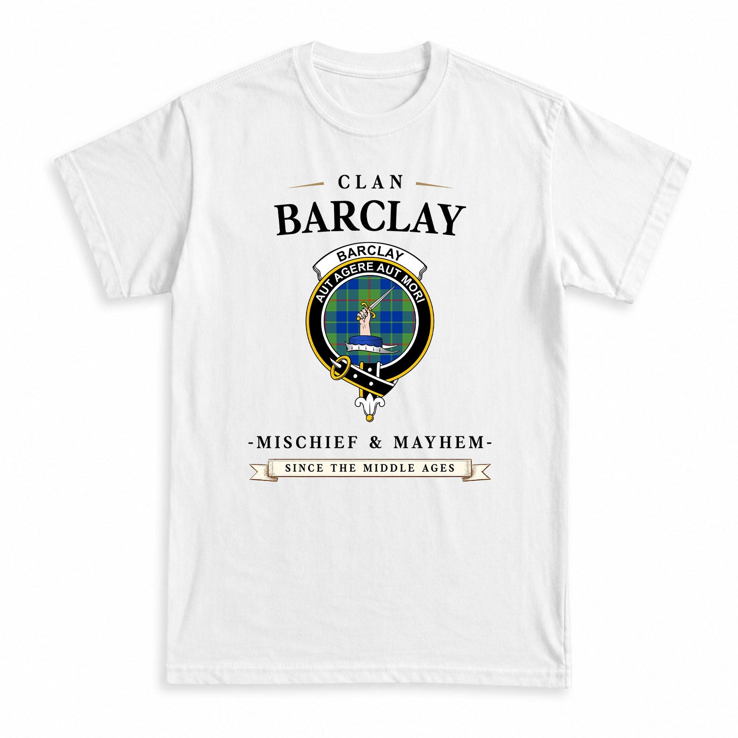 Barclay Hunting Ancient Tartan Crest Mischief and Mayhem T-shirt