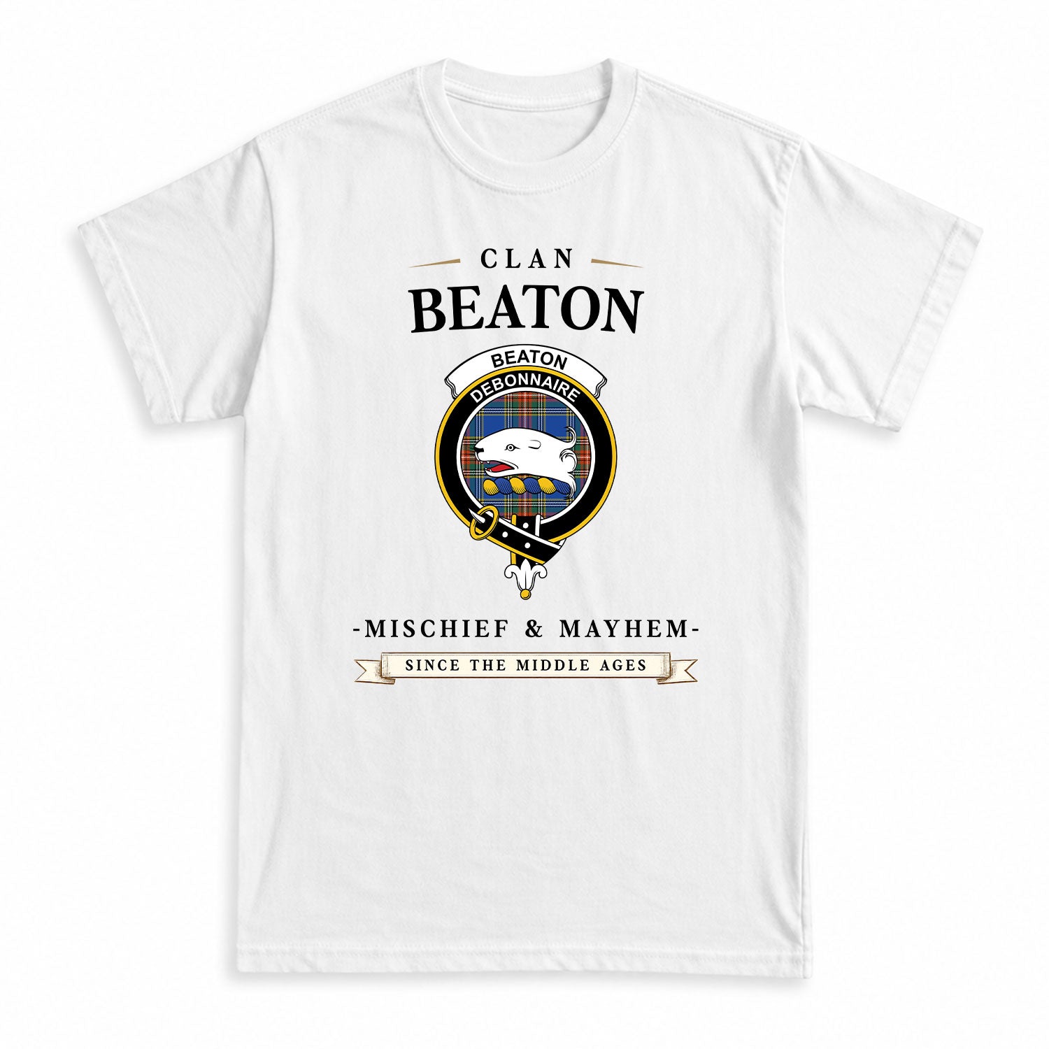 Beaton Ancient Tartan Crest Mischief and Mayhem T-shirt