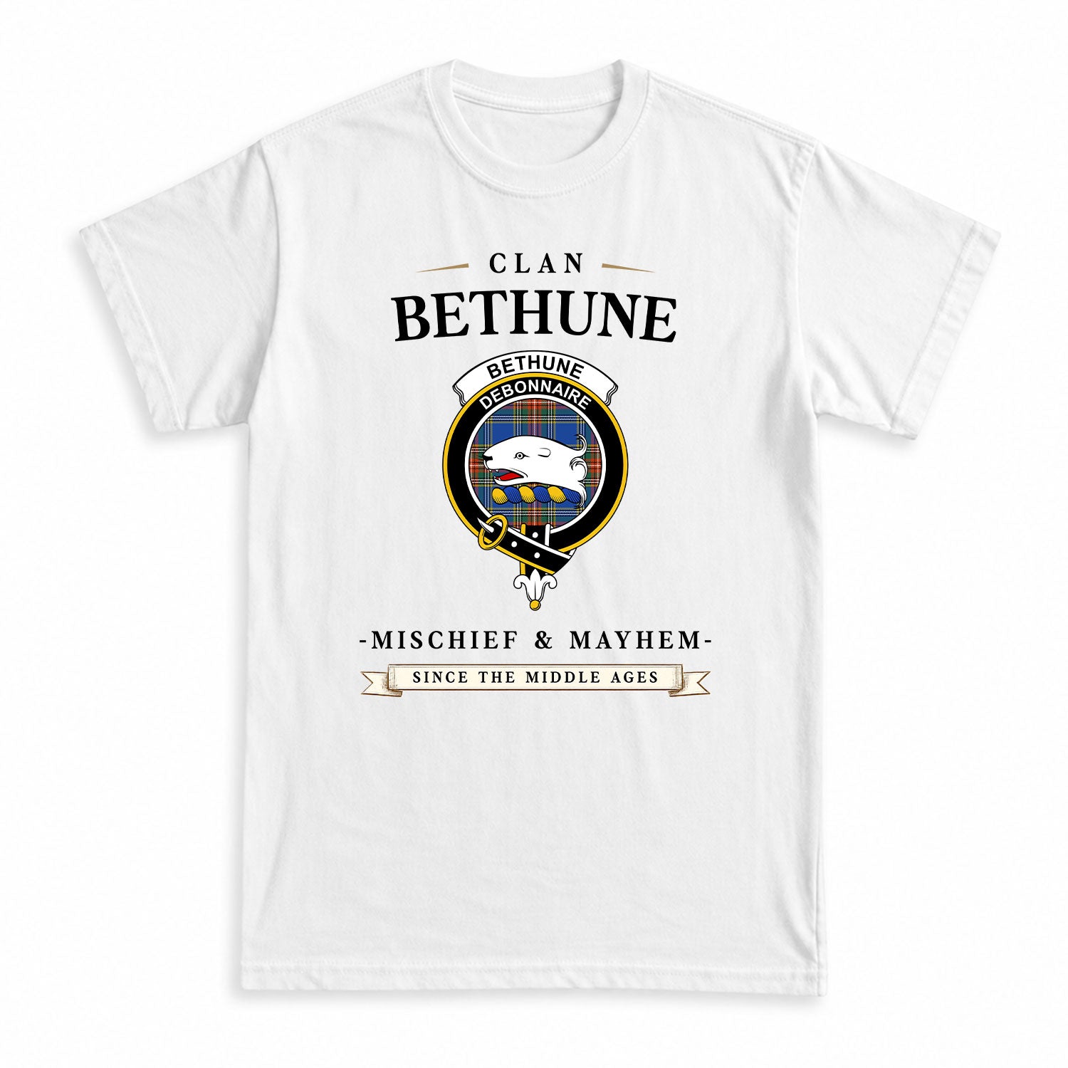Bethune Ancient Tartan Crest Mischief and Mayhem T-shirt