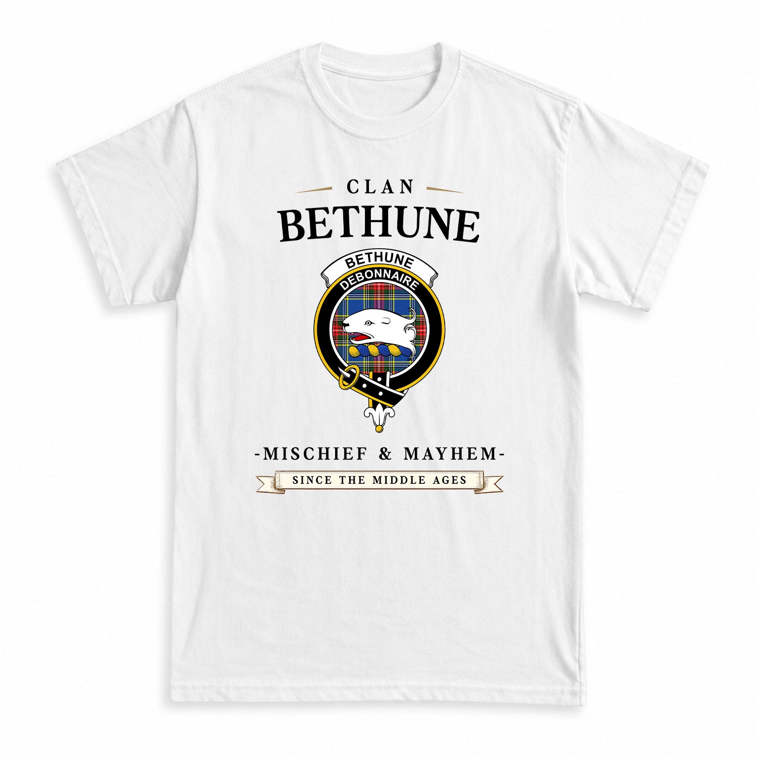 Bethune Modern Tartan Crest Mischief and Mayhem T-shirt
