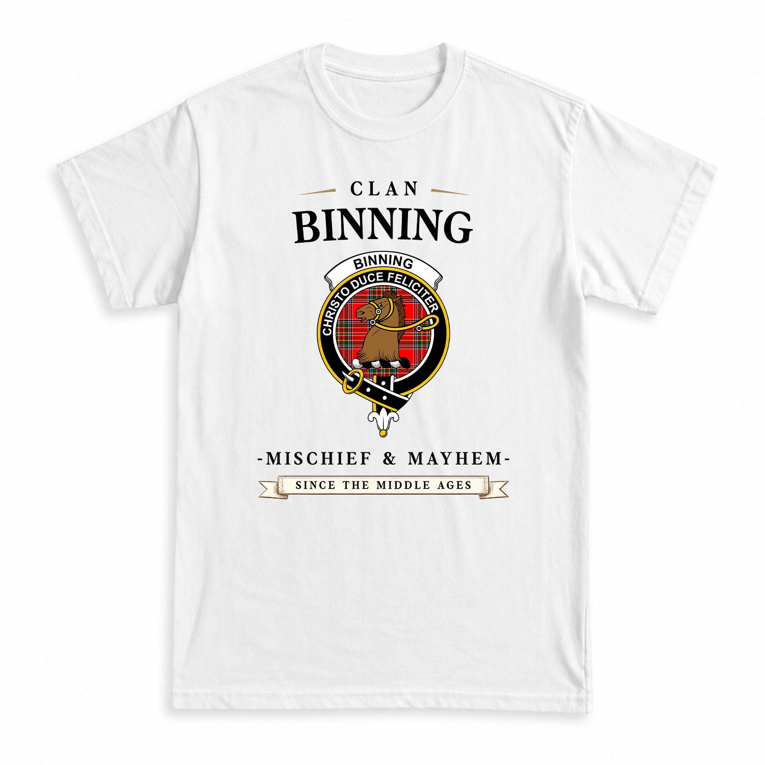 Binning (of Wallifoord) Tartan Crest Mischief and Mayhem T-shirt