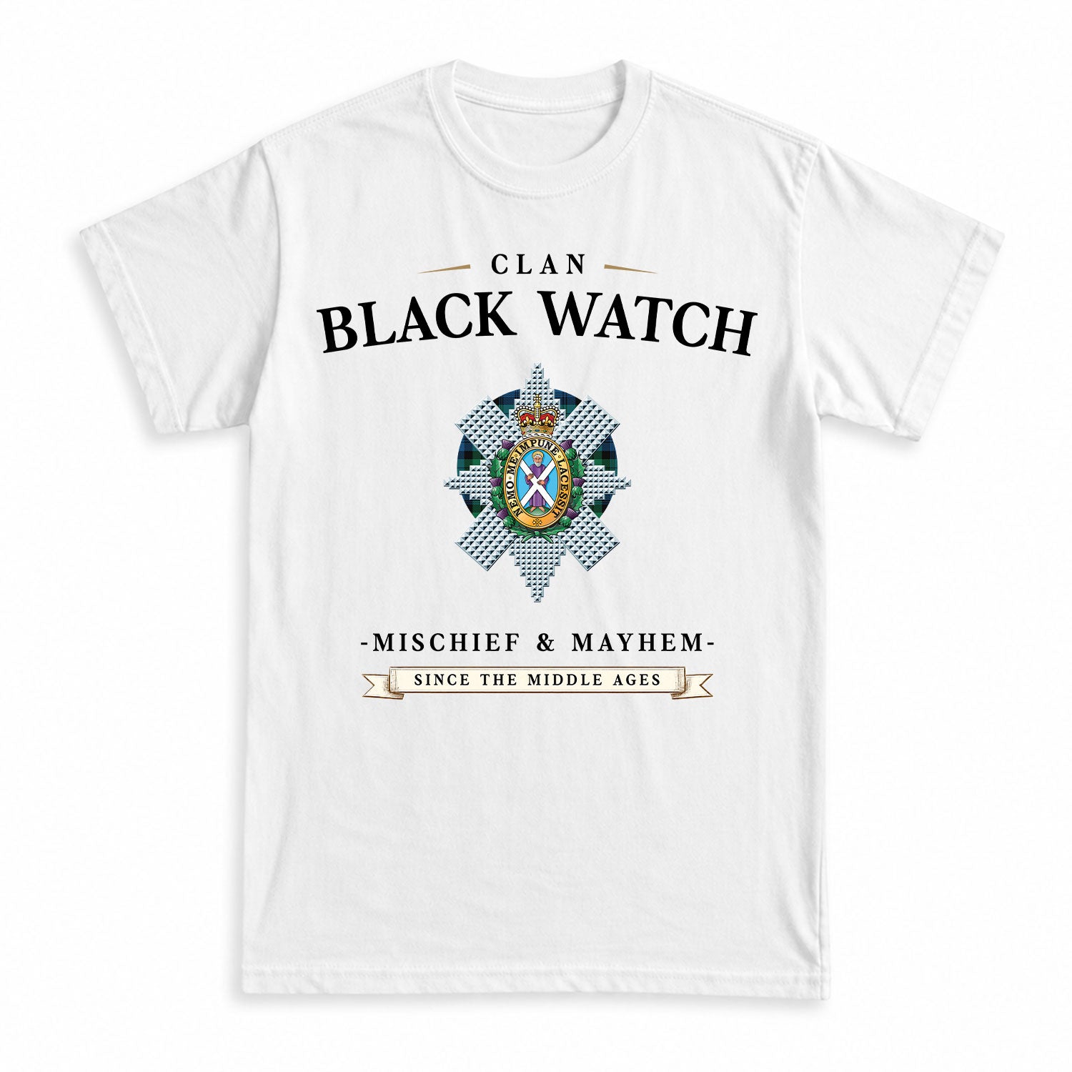 Black Watch Ancient Tartan Crest Mischief and Mayhem T-shirt