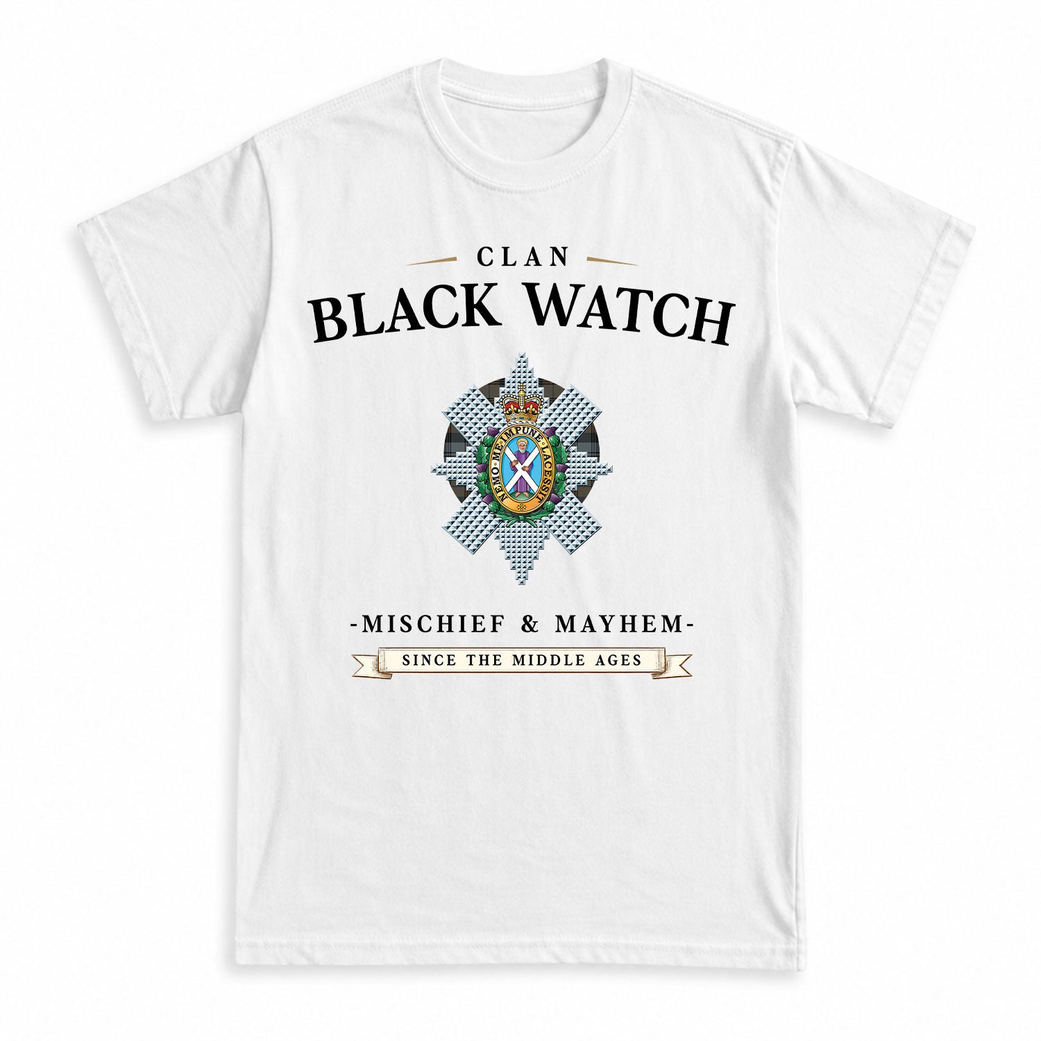 Black Watch Weathered Tartan Crest Mischief and Mayhem T-shirt