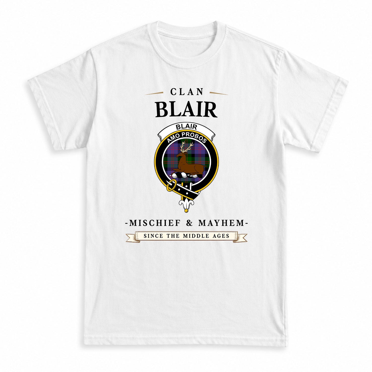 Blair Modern Tartan Crest Mischief and Mayhem T-shirt