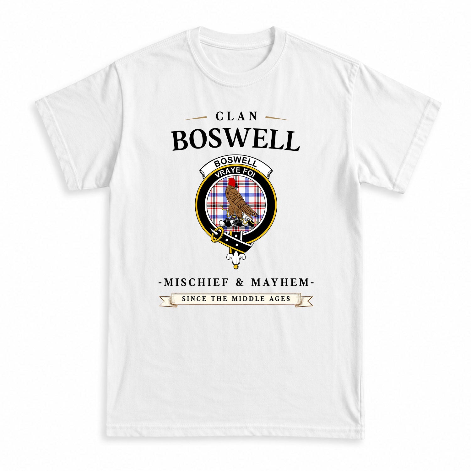 Boswell Modern Tartan Crest Mischief and Mayhem T-shirt