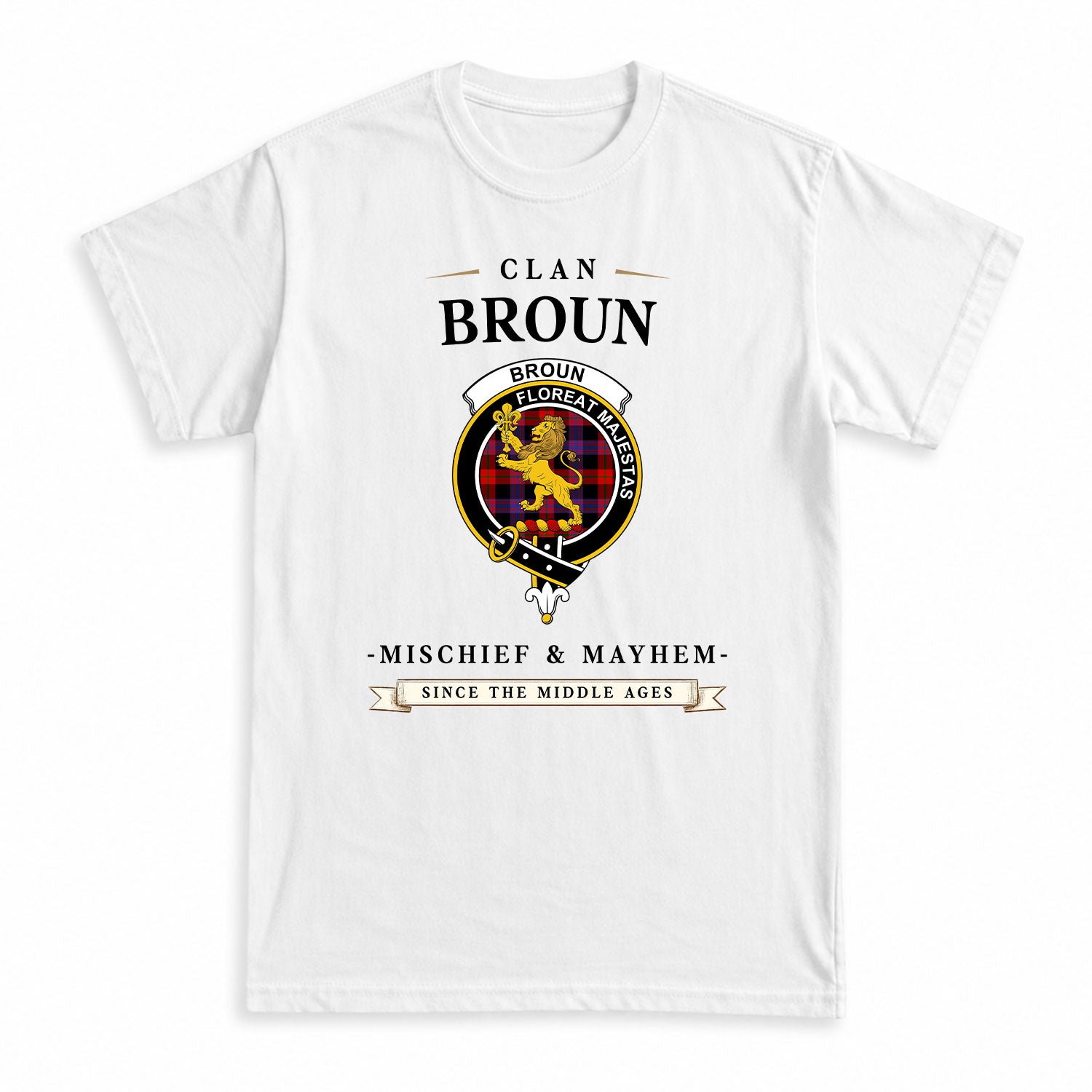 Broun Modern Tartan Crest Mischief and Mayhem T-shirt