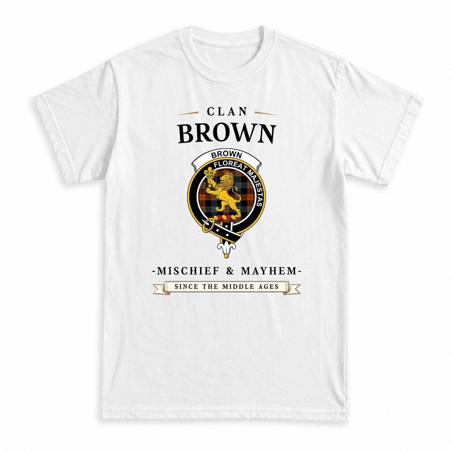 Brown Ancient Tartan Crest Mischief and Mayhem T-shirt