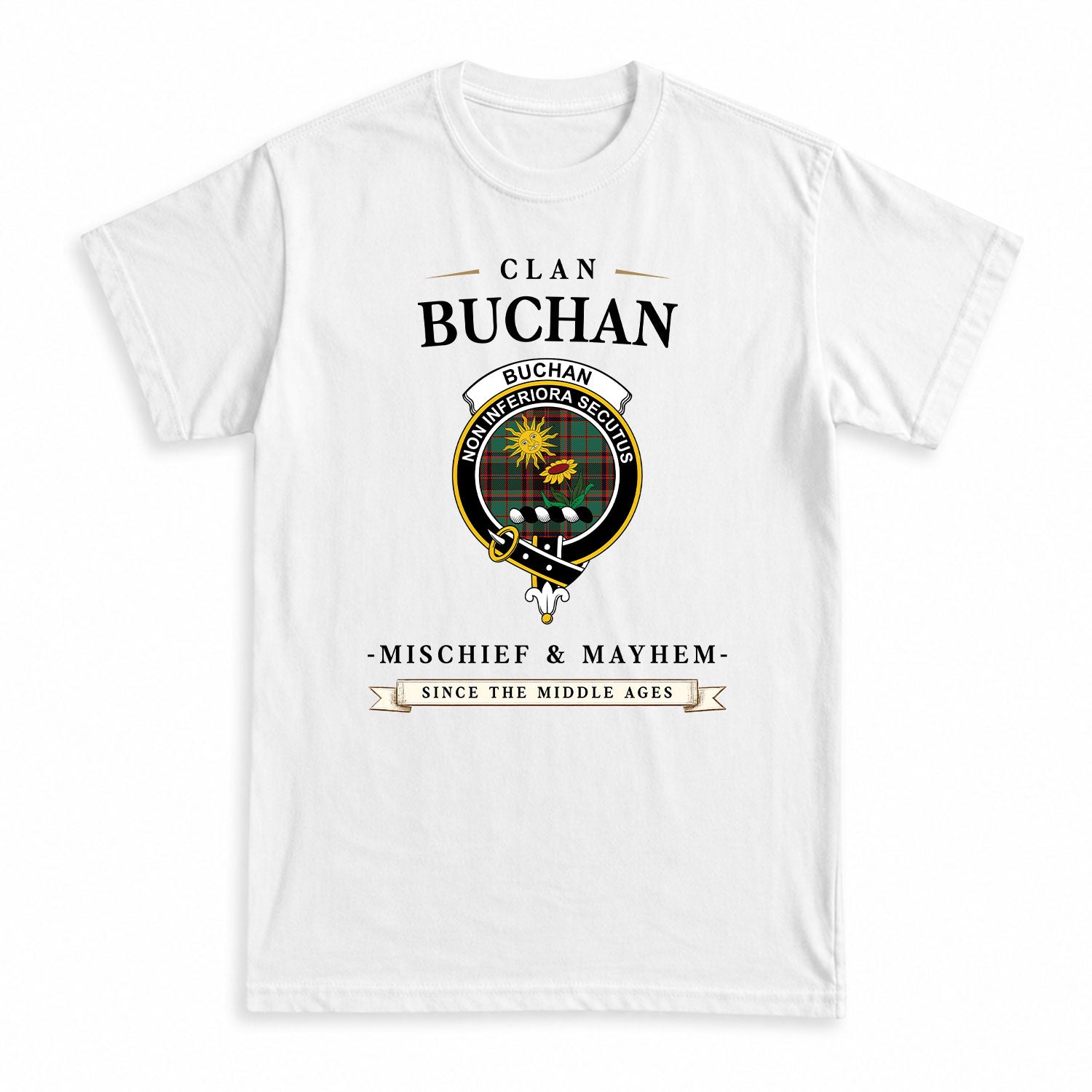 Buchan Ancient Tartan Crest Mischief and Mayhem T-shirt