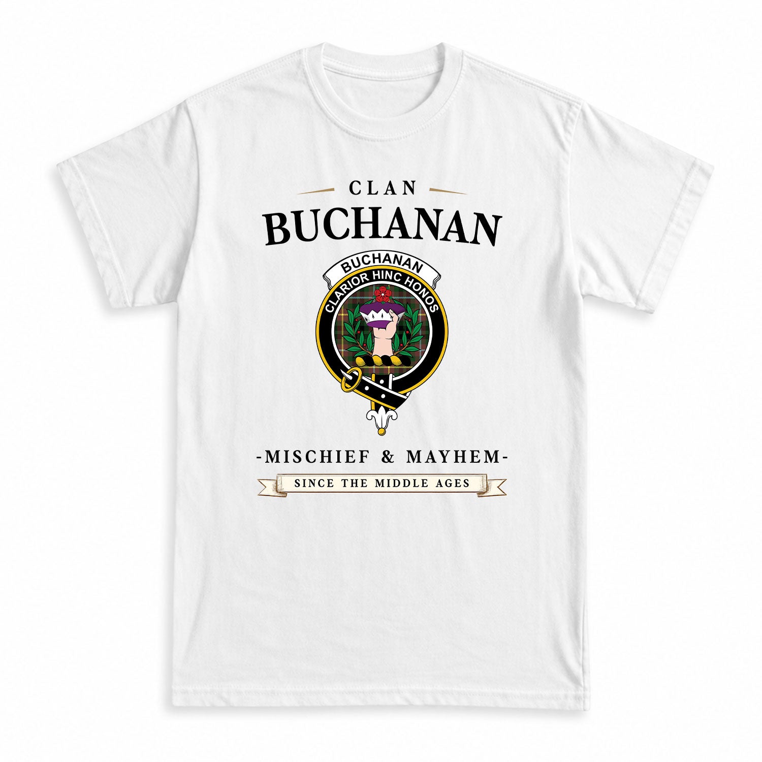 Buchanan Hunting Tartan Crest Mischief and Mayhem T-shirt