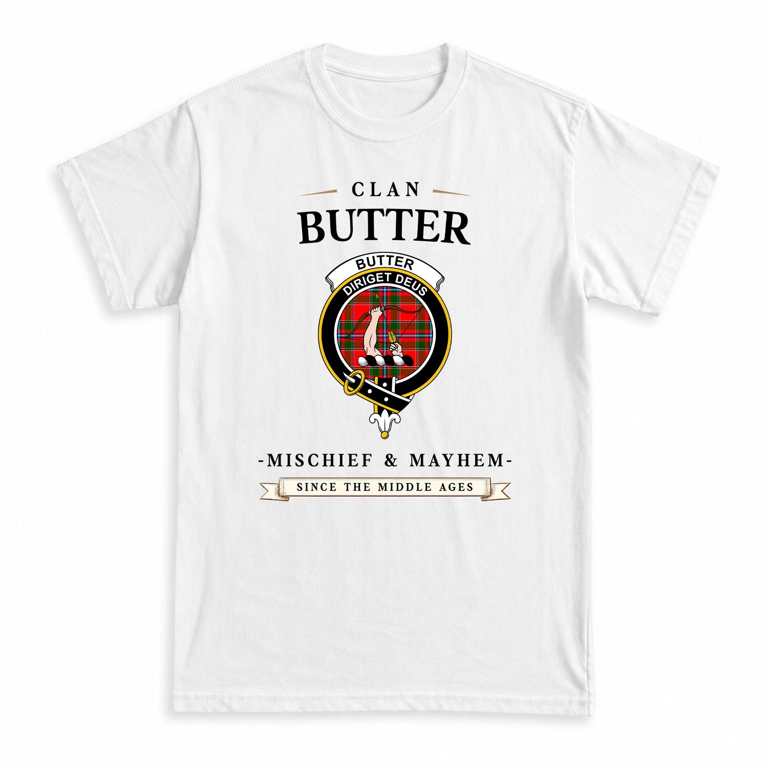 Butter Tartan Crest Mischief and Mayhem T-shirt