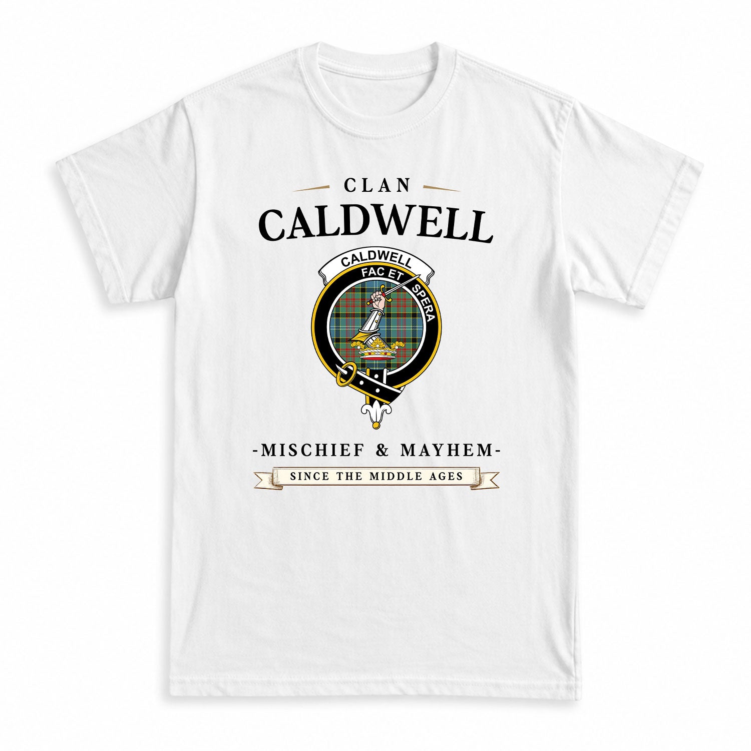 Caldwell Tartan Crest Mischief and Mayhem T-shirt