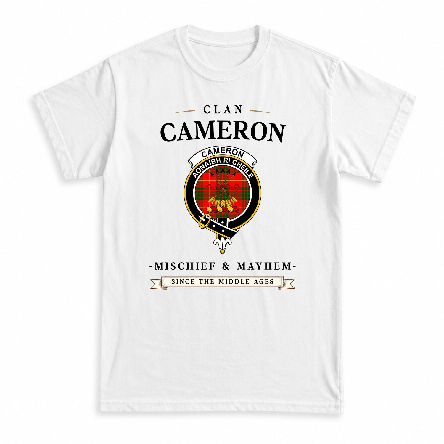 Cameron Modern Tartan Crest Mischief and Mayhem T-shirt