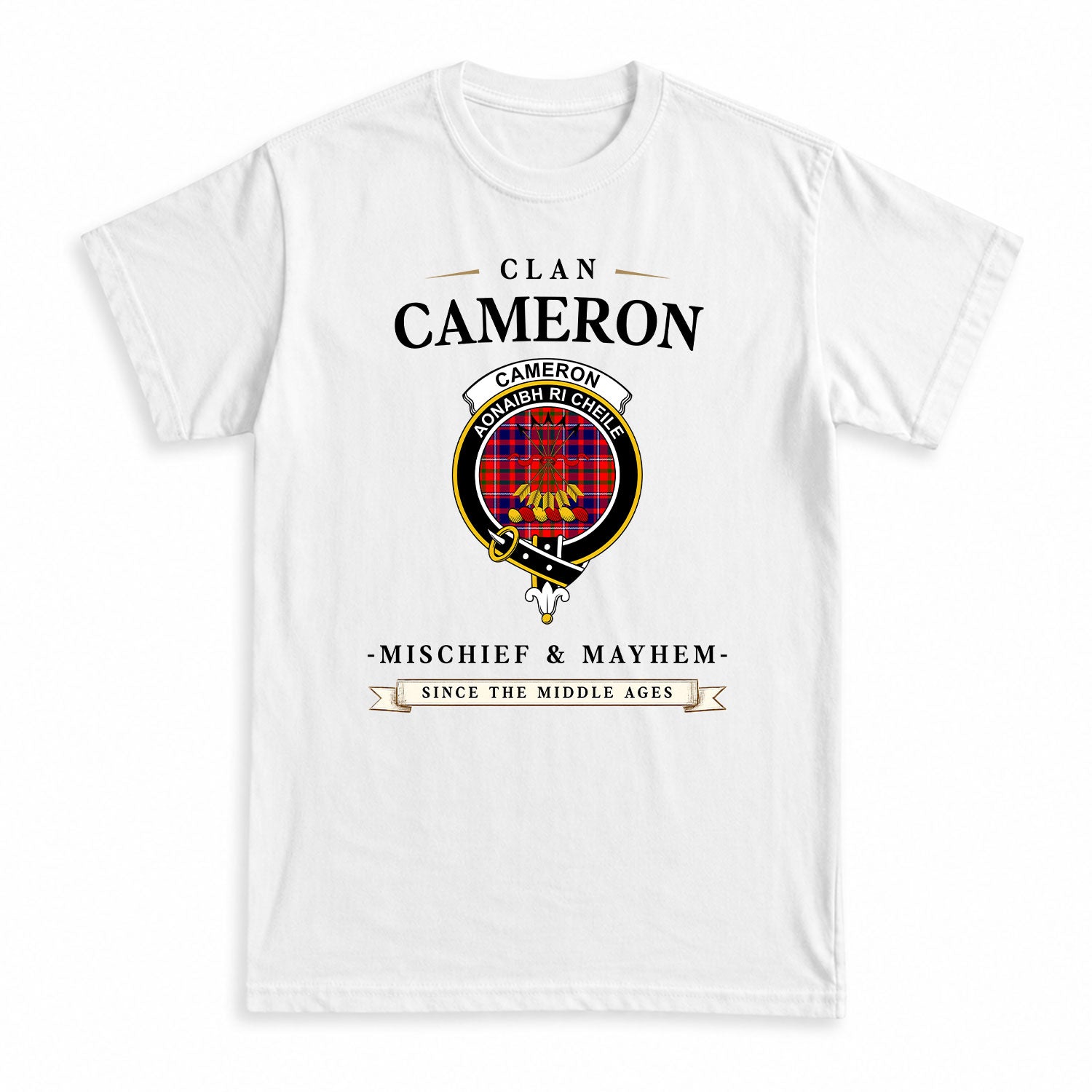 Cameron of Lochiel Modern Tartan Crest Mischief and Mayhem T-shirt