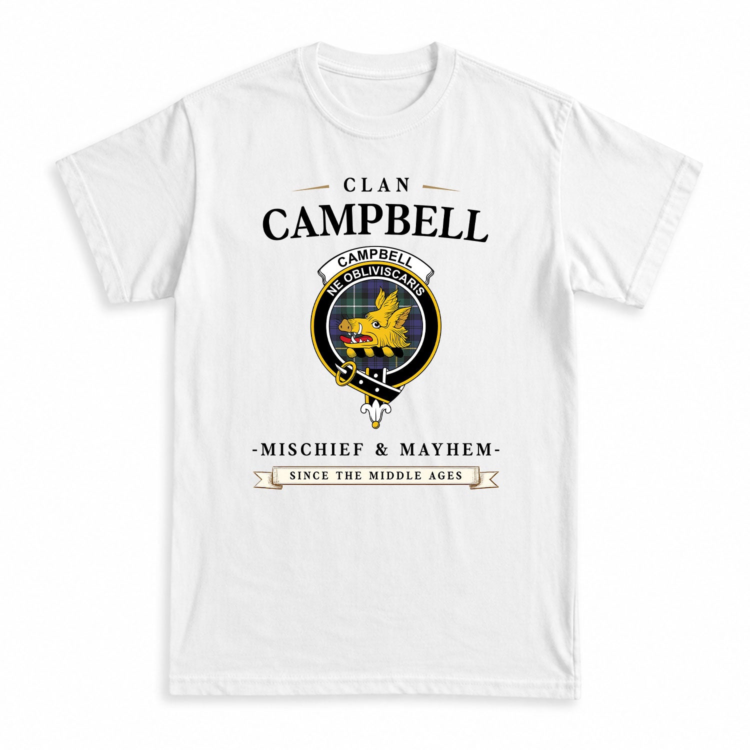 Campbell Argyll Modern Tartan Crest Mischief and Mayhem T-shirt