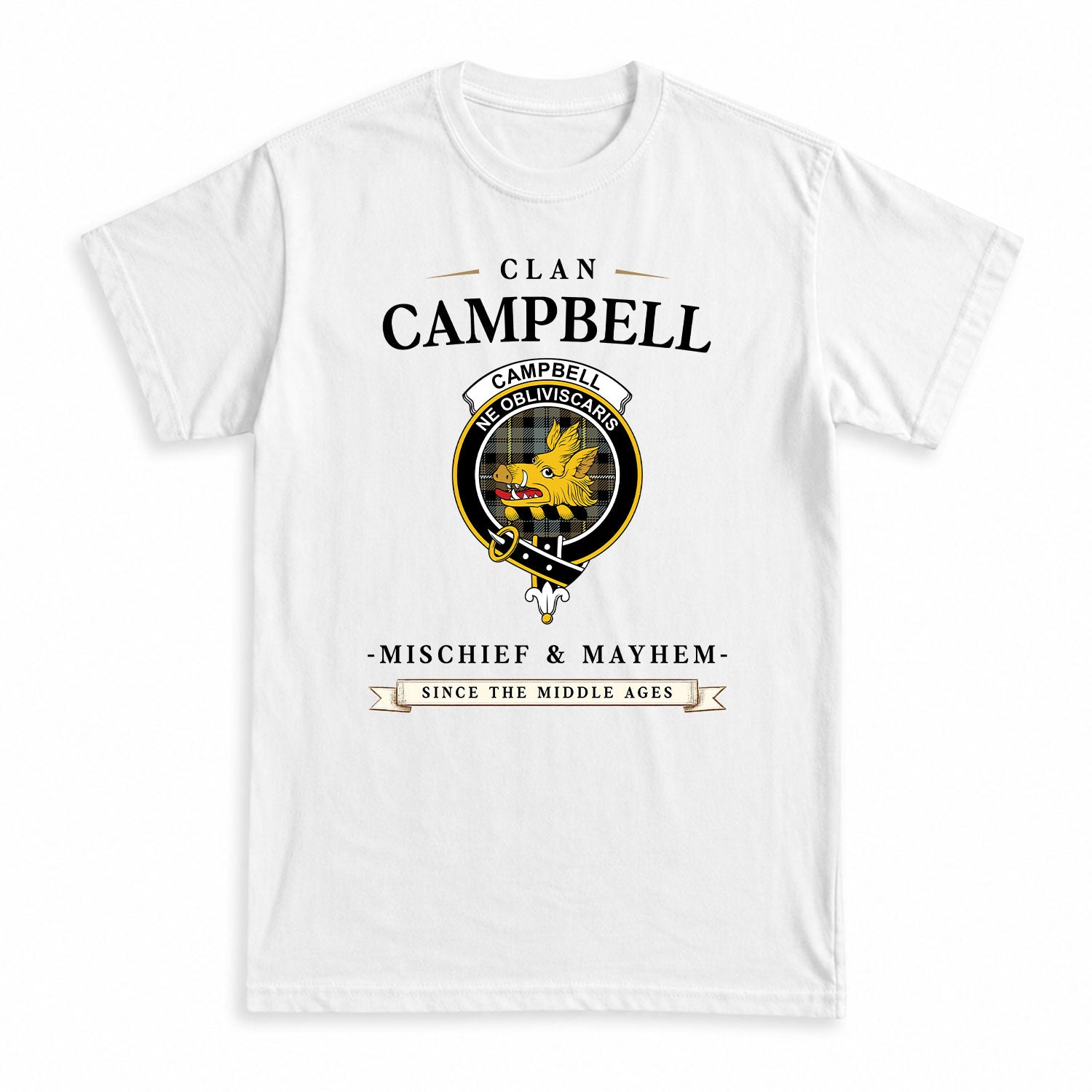 Campbell Argyll Weathered Tartan Crest Mischief and Mayhem T-shirt
