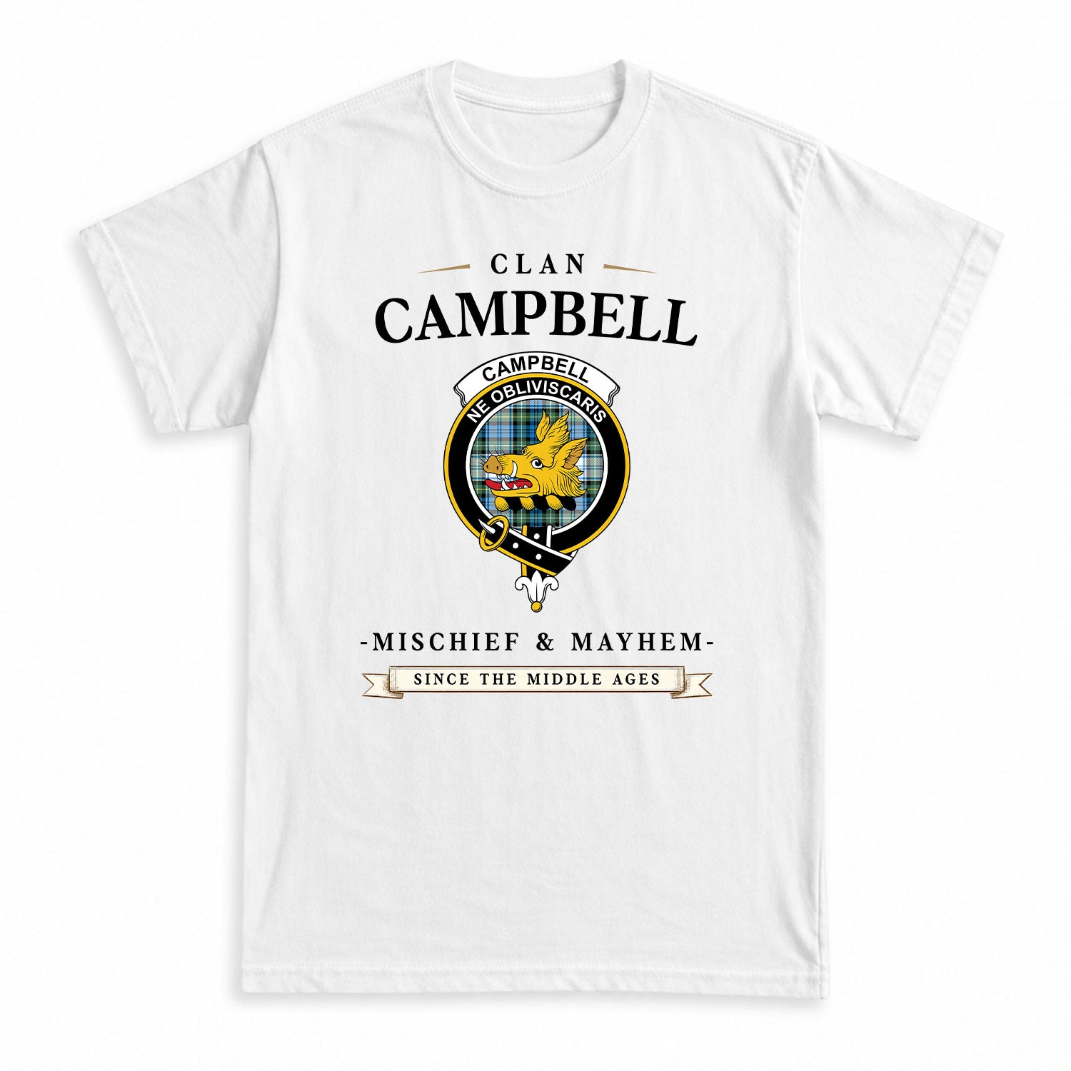 Campbell Dress Ancient Tartan Crest Mischief and Mayhem T-shirt