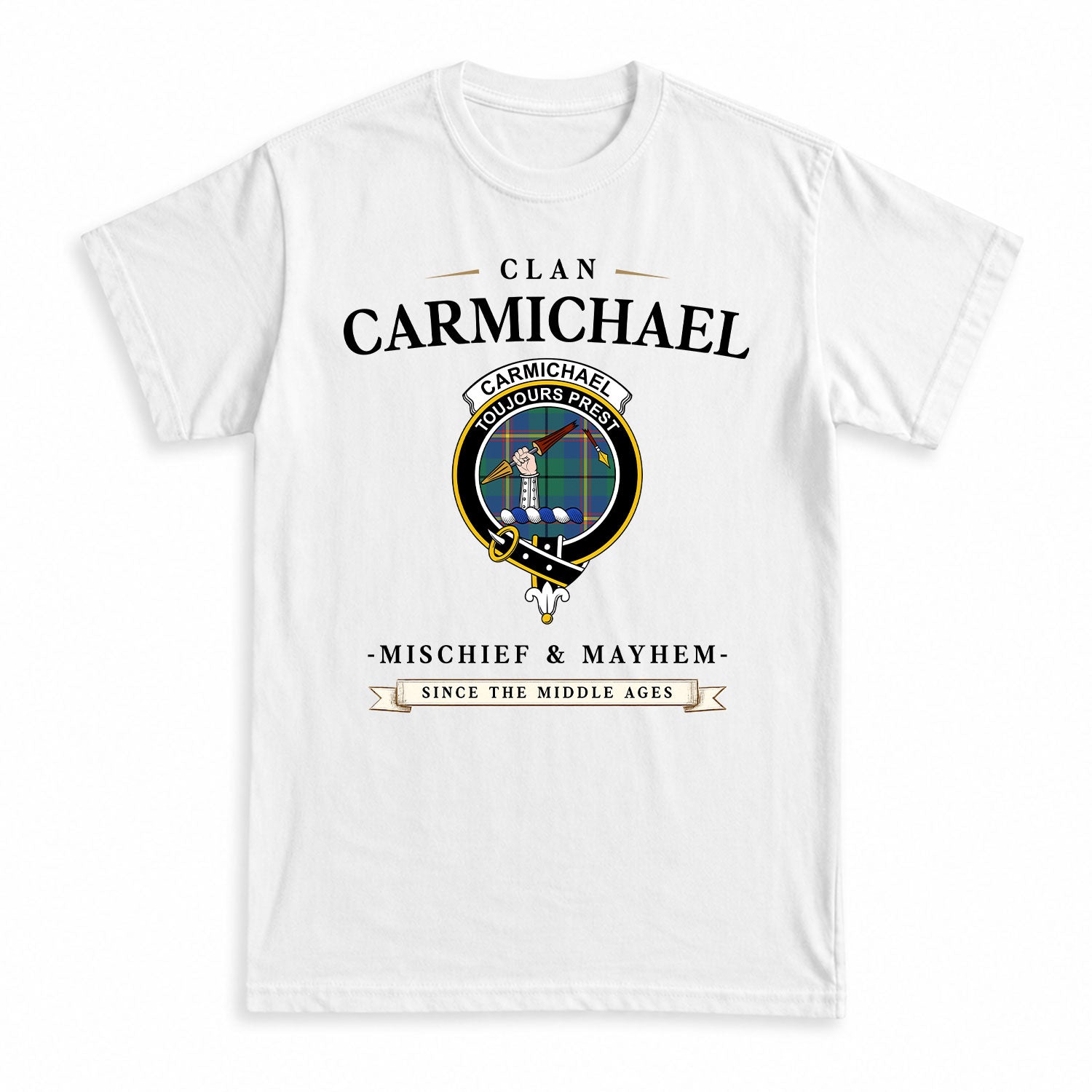 Carmichael Ancient Tartan Crest Mischief and Mayhem T-shirt