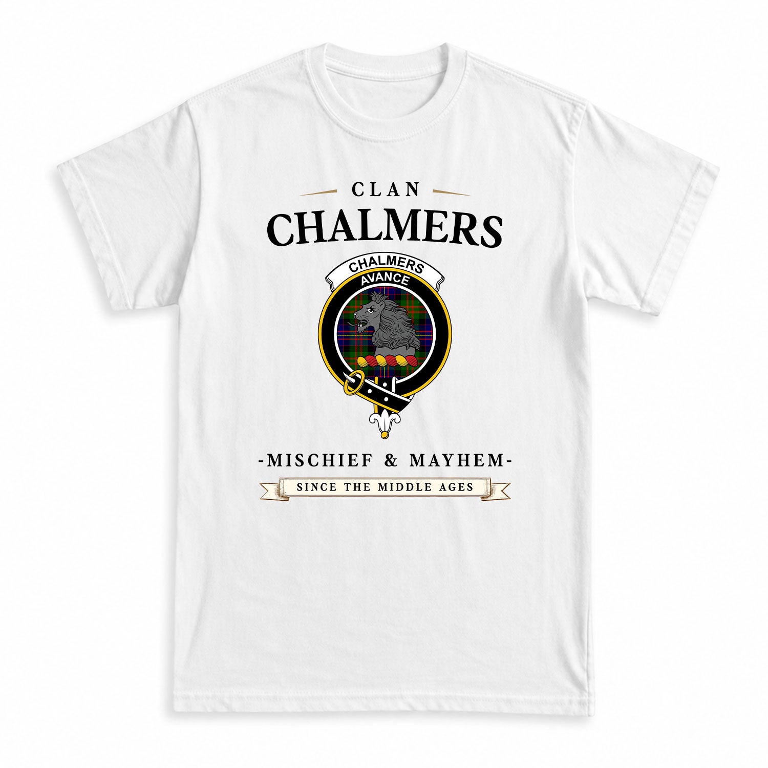 Chalmers Tartan Crest Mischief and Mayhem T-shirt