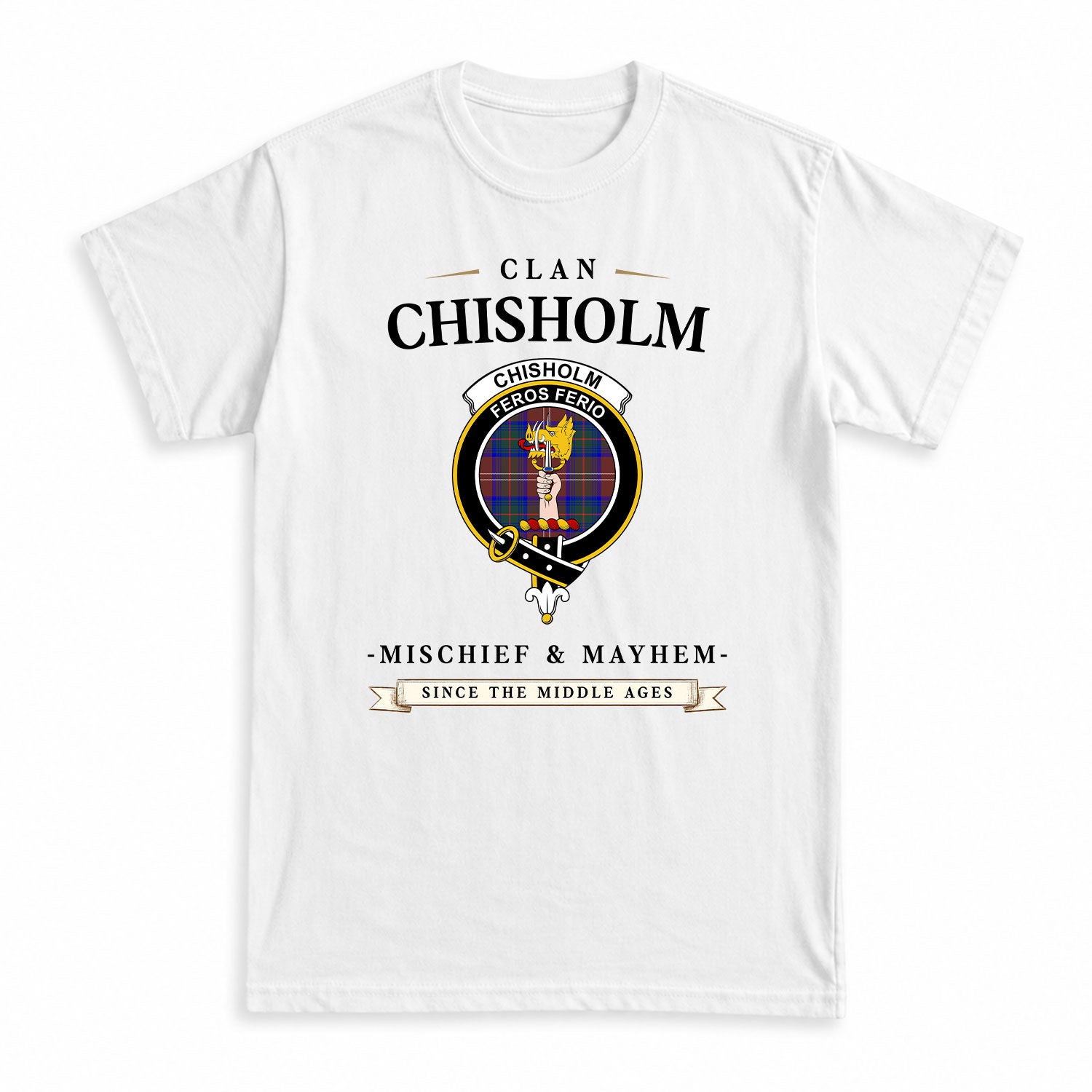 Chisholm Hunting Modern Tartan Crest Mischief and Mayhem T-shirt