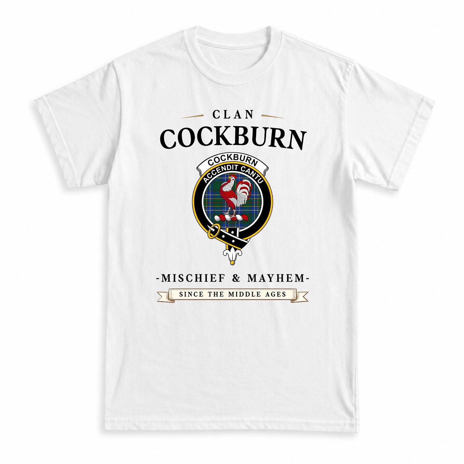 Cockburn Ancient Tartan Crest Mischief and Mayhem T-shirt