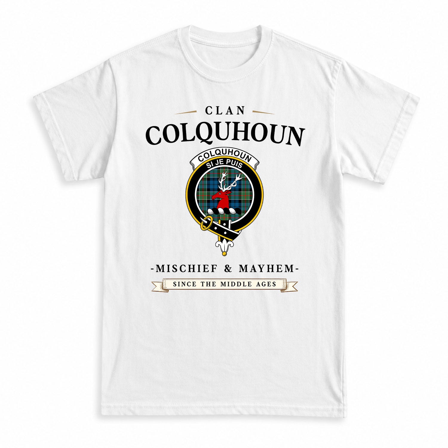 Colquhoun Ancient Tartan Crest Mischief and Mayhem T-shirt