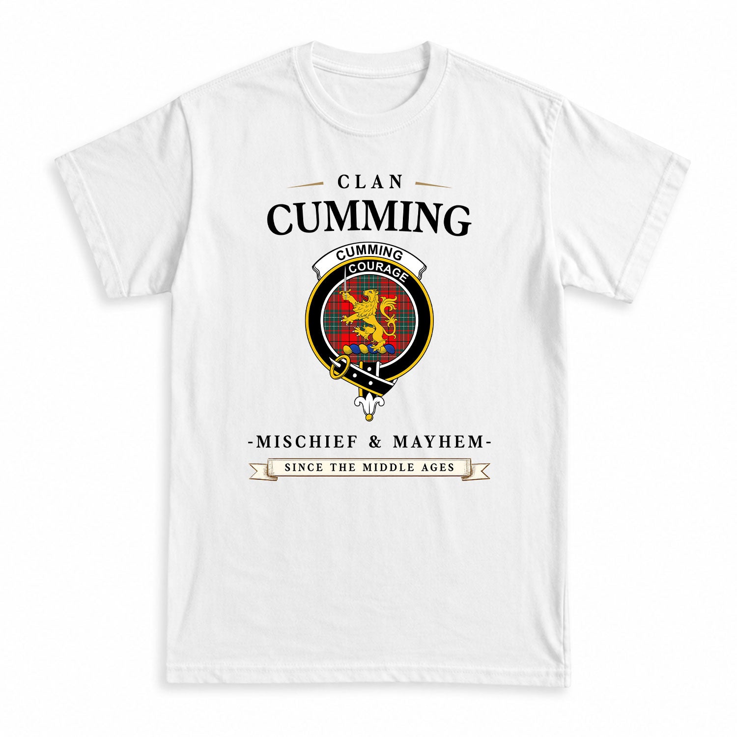 Cumming Modern Tartan Crest Mischief and Mayhem T-shirt