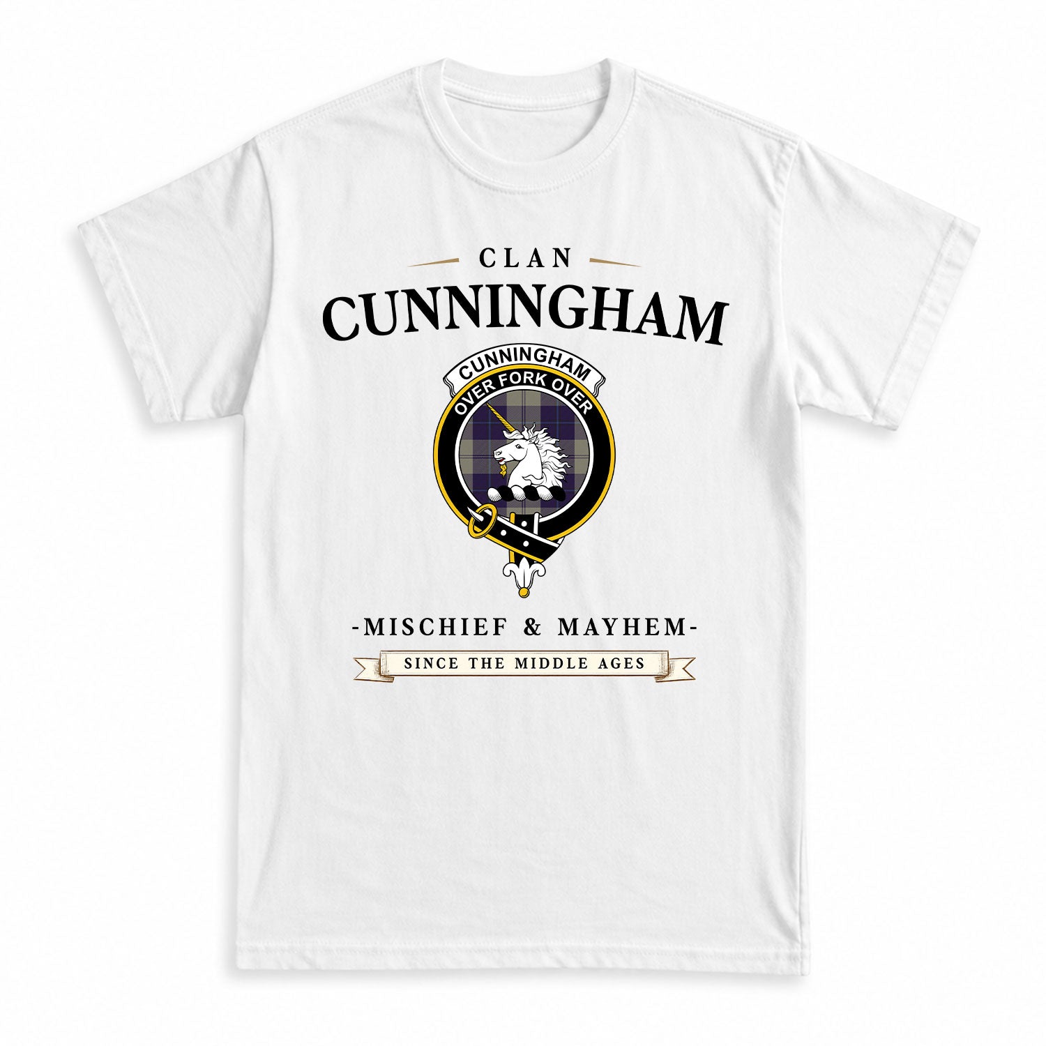 Cunningham Dress Blue Dancers Tartan Crest Mischief and Mayhem T-shirt