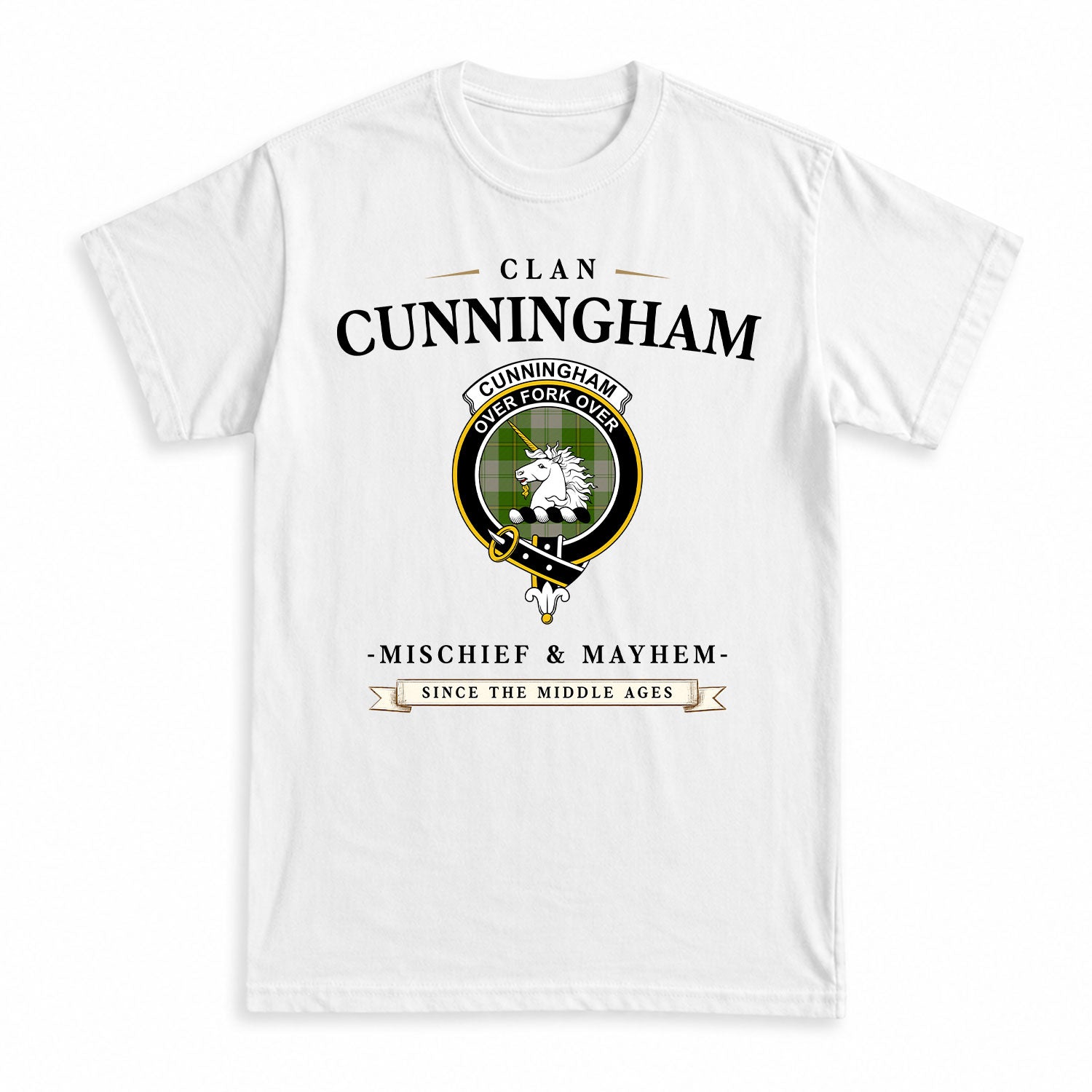 Cunningham Dress Green Dancers Tartan Crest Mischief and Mayhem T-shirt