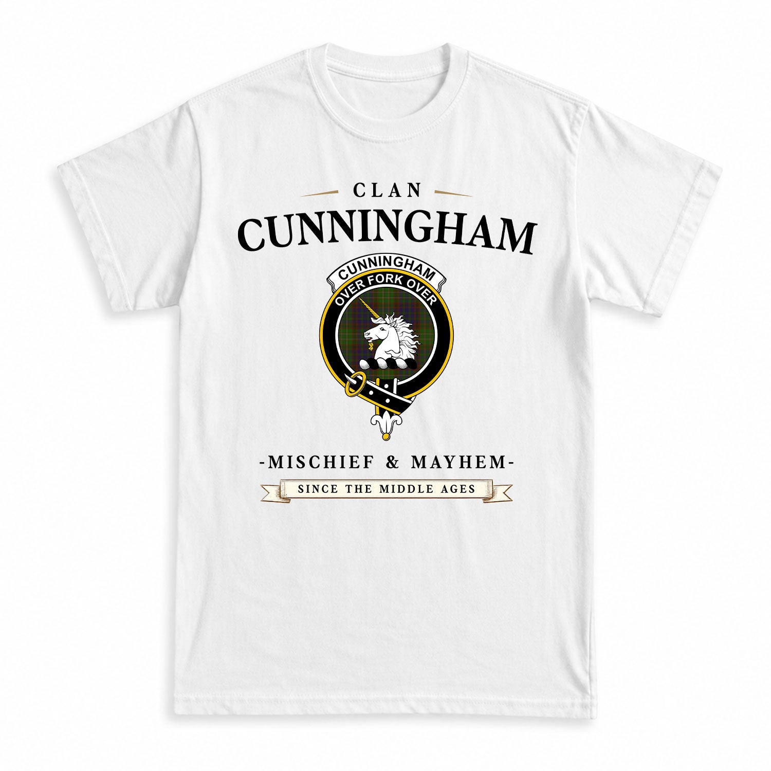 Cunningham Hunting Modern Tartan Crest Mischief and Mayhem T-shirt
