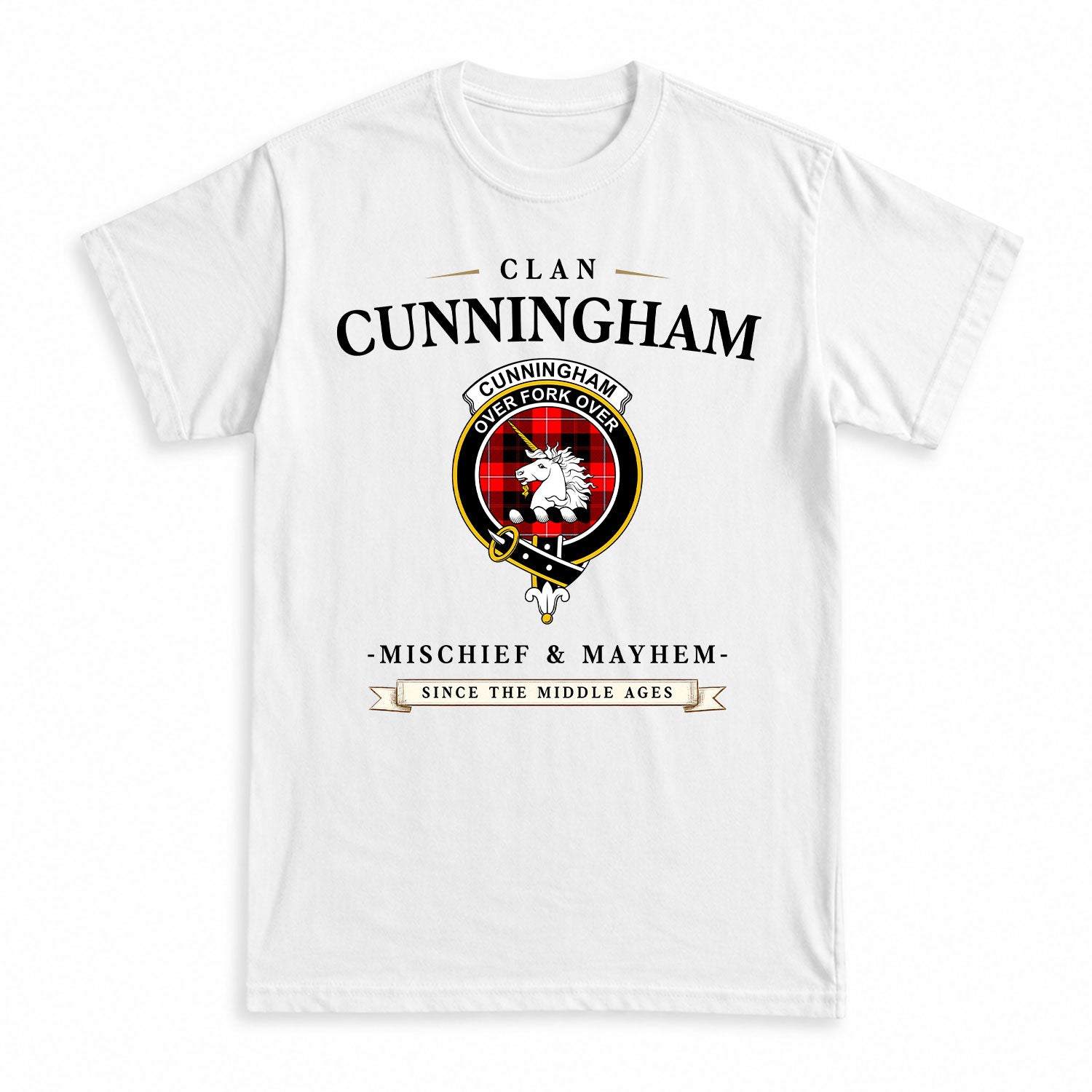 Cunningham Modern Tartan Crest Mischief and Mayhem T-shirt