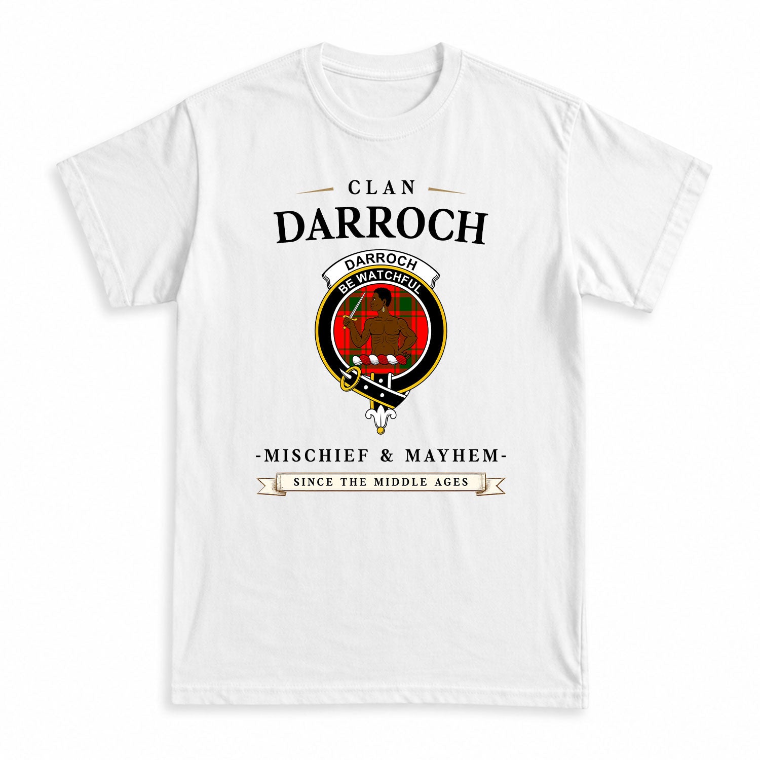 Darroch (Gourock) Tartan Crest Mischief and Mayhem T-shirt