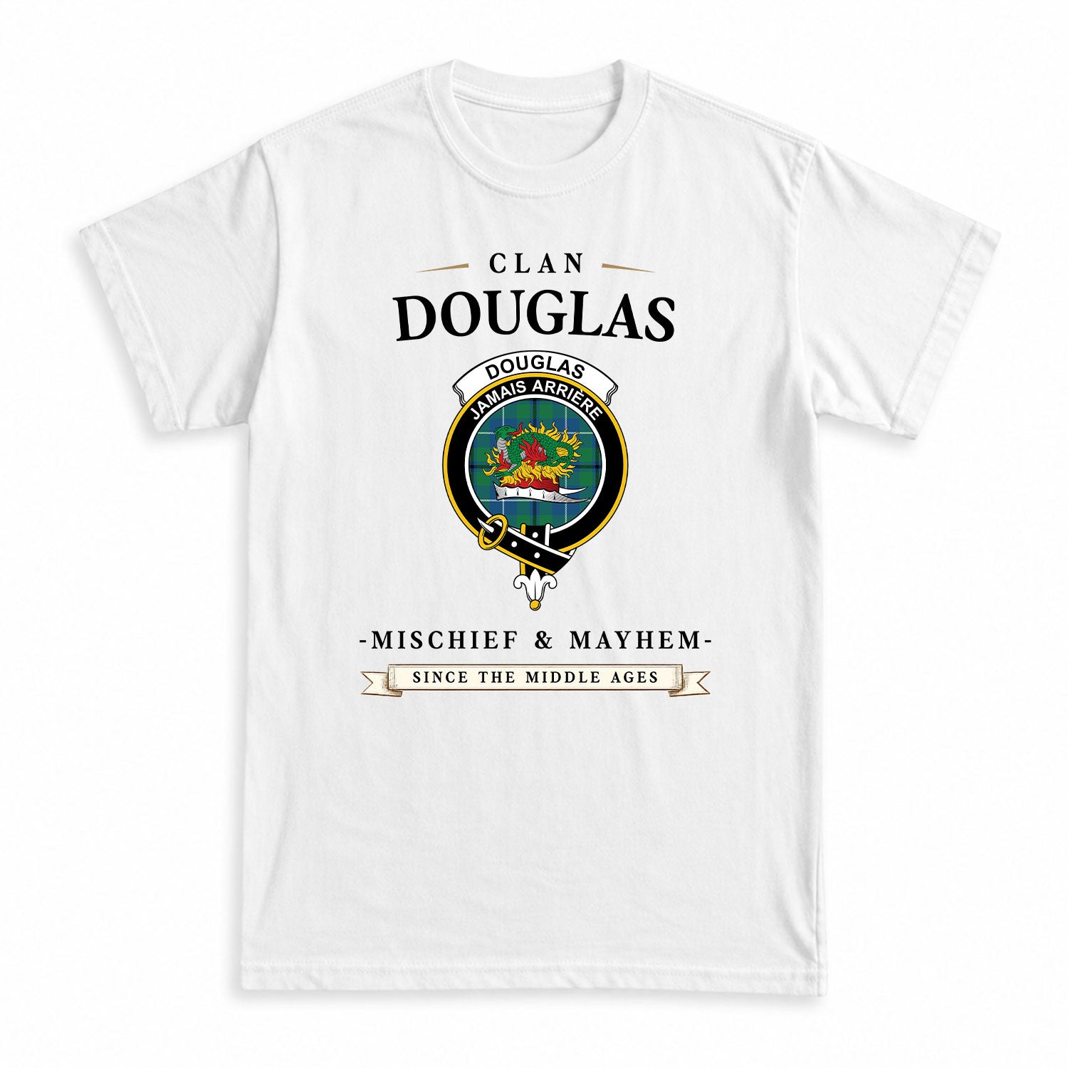 Douglas Ancient Tartan Crest Mischief and Mayhem T-shirt