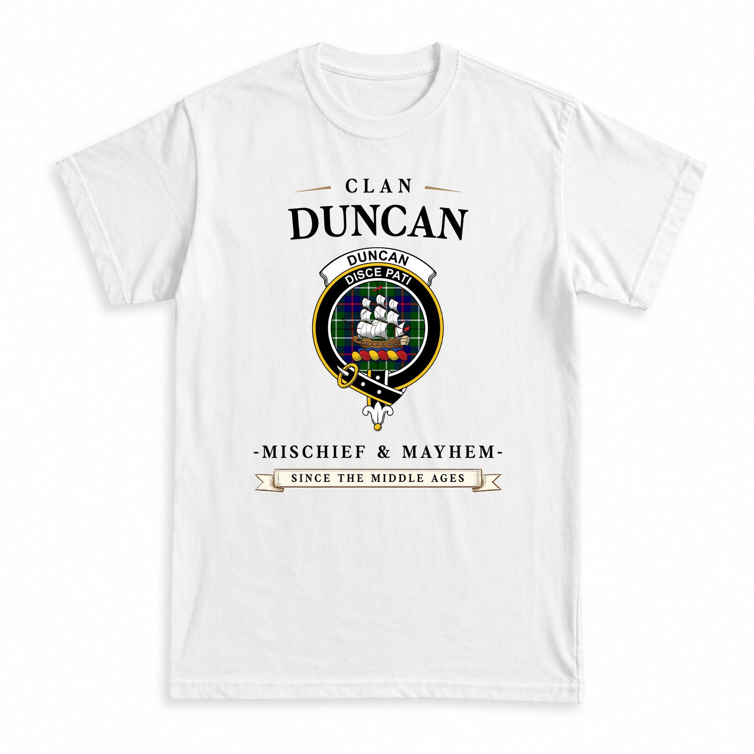Duncan Modern Tartan Crest Mischief and Mayhem T-shirt