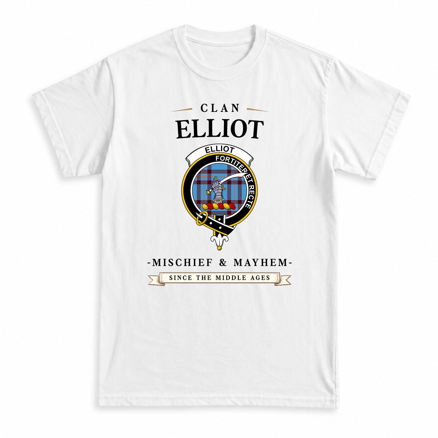 Elliot Ancient Tartan Crest Mischief and Mayhem T-shirt