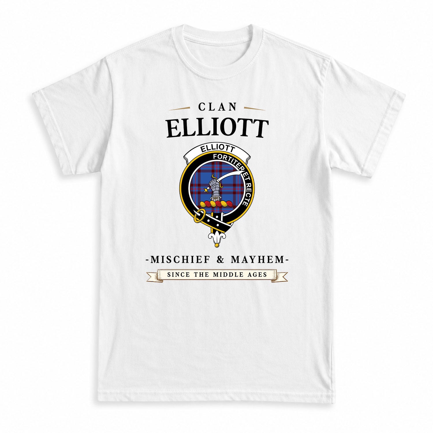 Elliott Modern Tartan Crest Mischief and Mayhem T-shirt