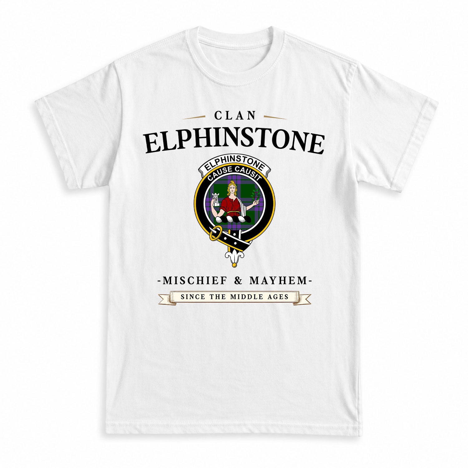 Elphinstone Tartan Crest Mischief and Mayhem T-shirt