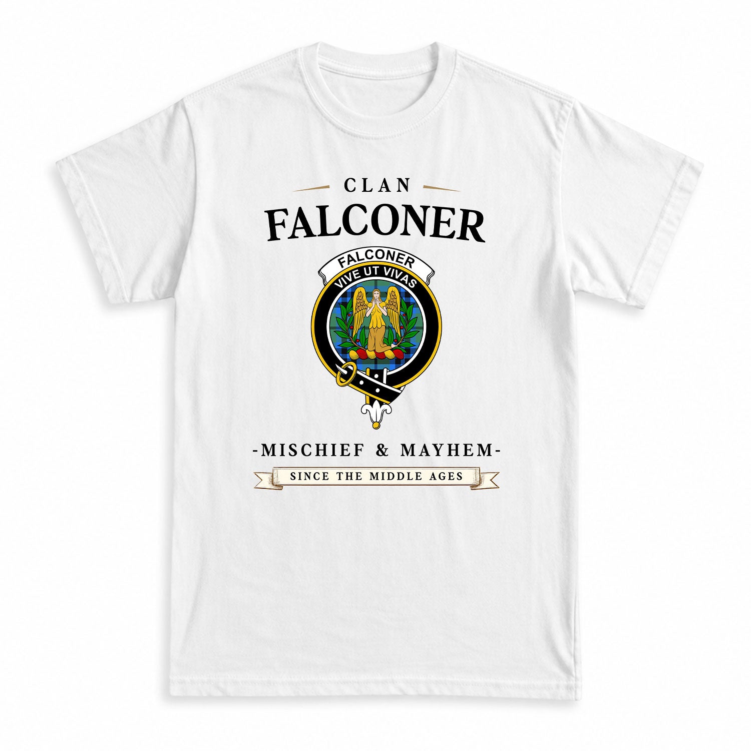 Falconer Tartan Crest Mischief and Mayhem T-shirt