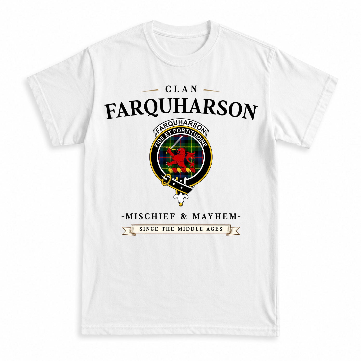 Farquharson Modern Tartan Crest Mischief and Mayhem T-shirt